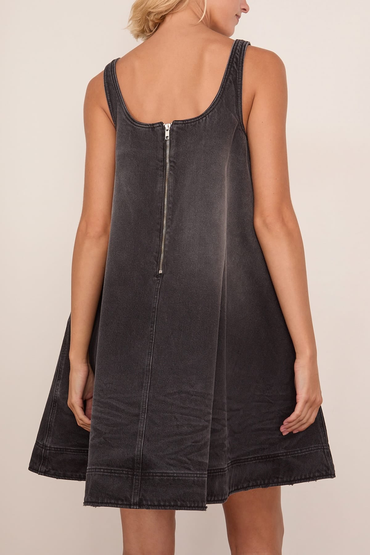 A-Line Denim Mini Dress in Distressed Black/Jet - Image 4