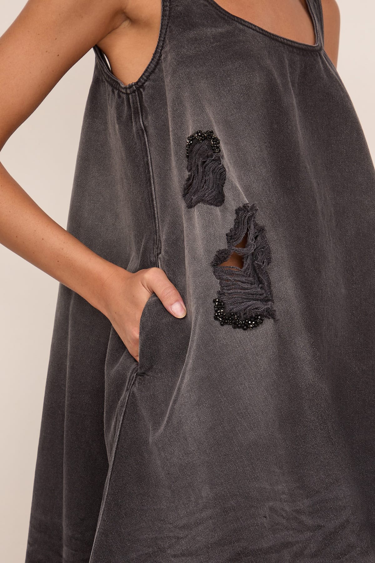 A-Line Denim Mini Dress in Distressed Black/Jet - Image 5