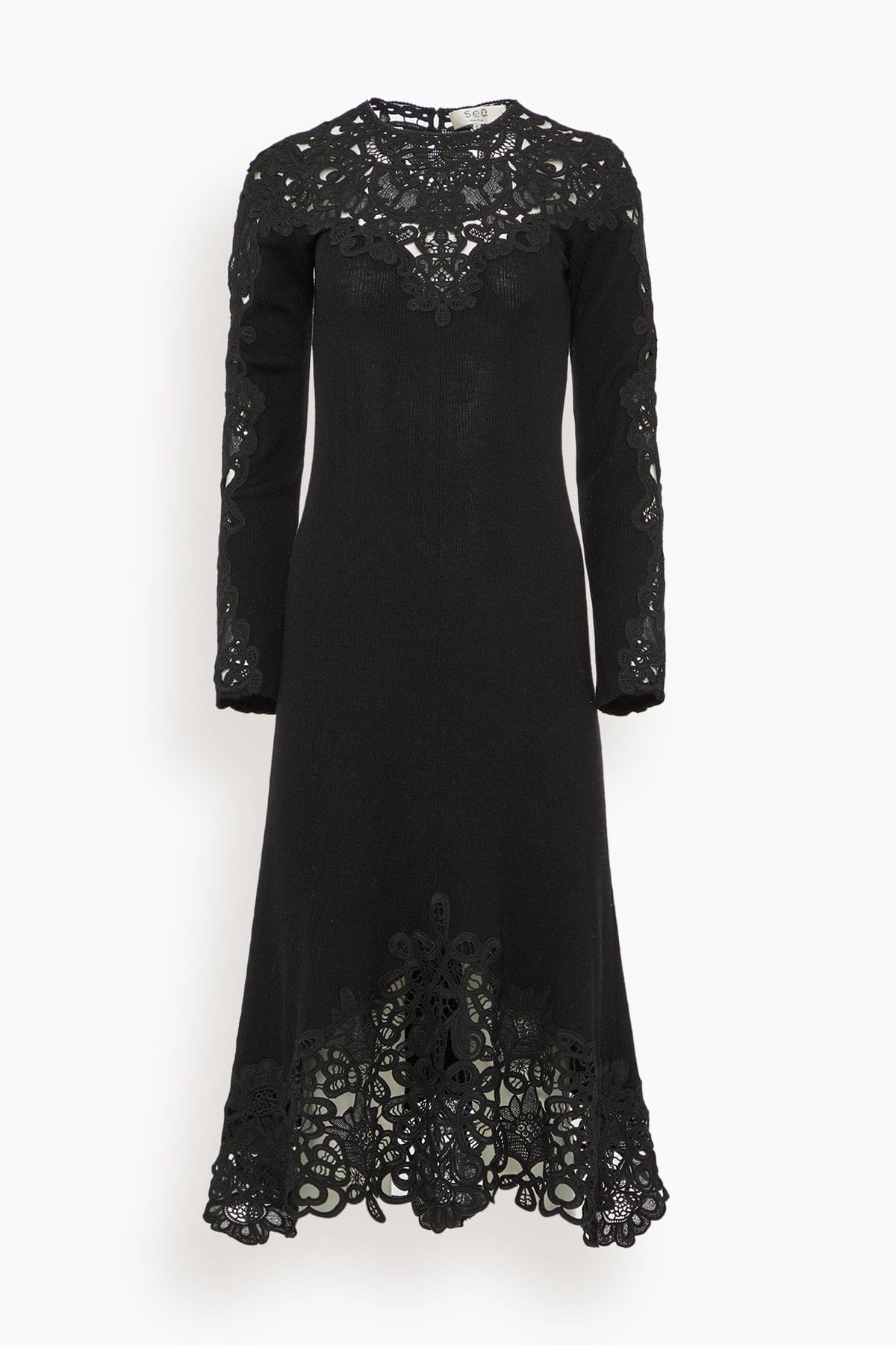 Adelina Battenberg Lace Long Sleeve Knit Midi Dress in Black