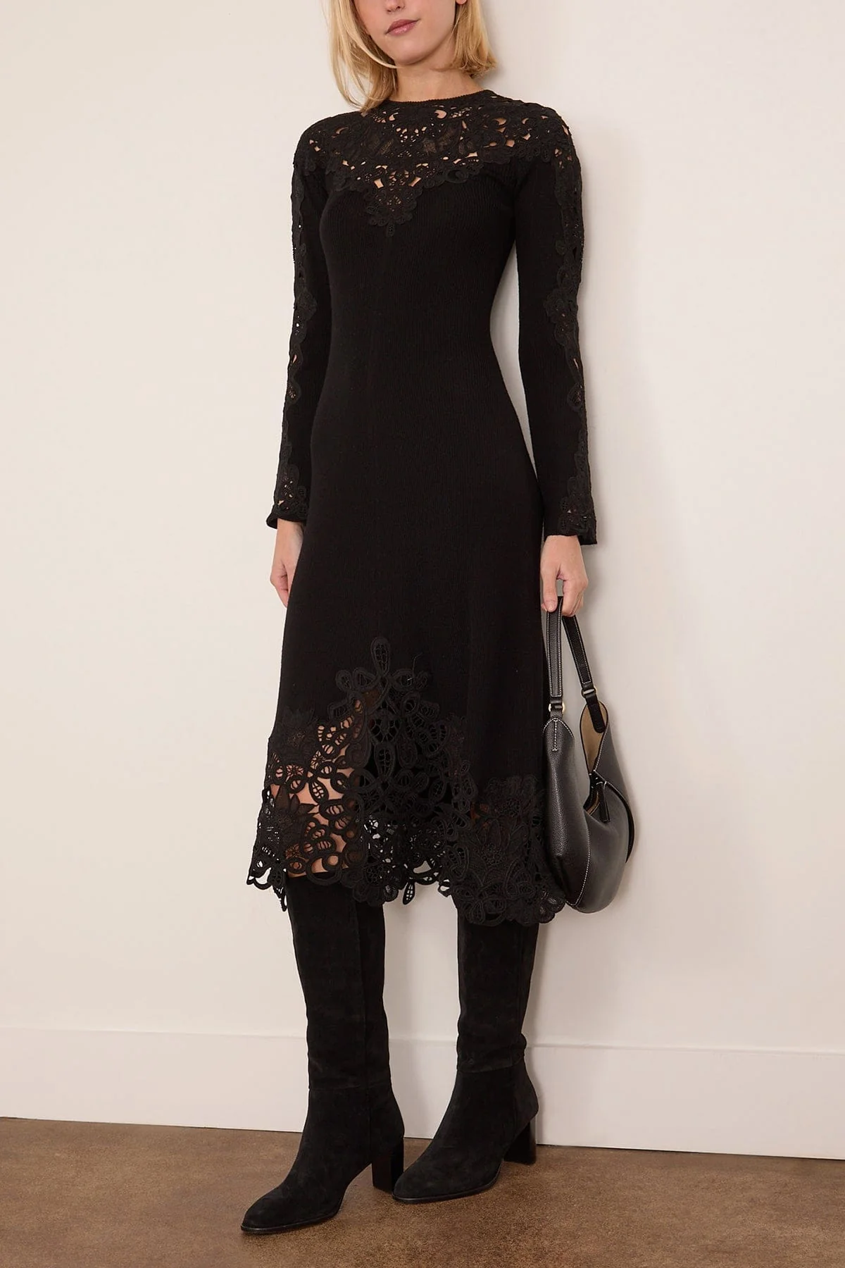 Adelina Battenberg Lace Long Sleeve Knit Midi Dress in Black - Image 2