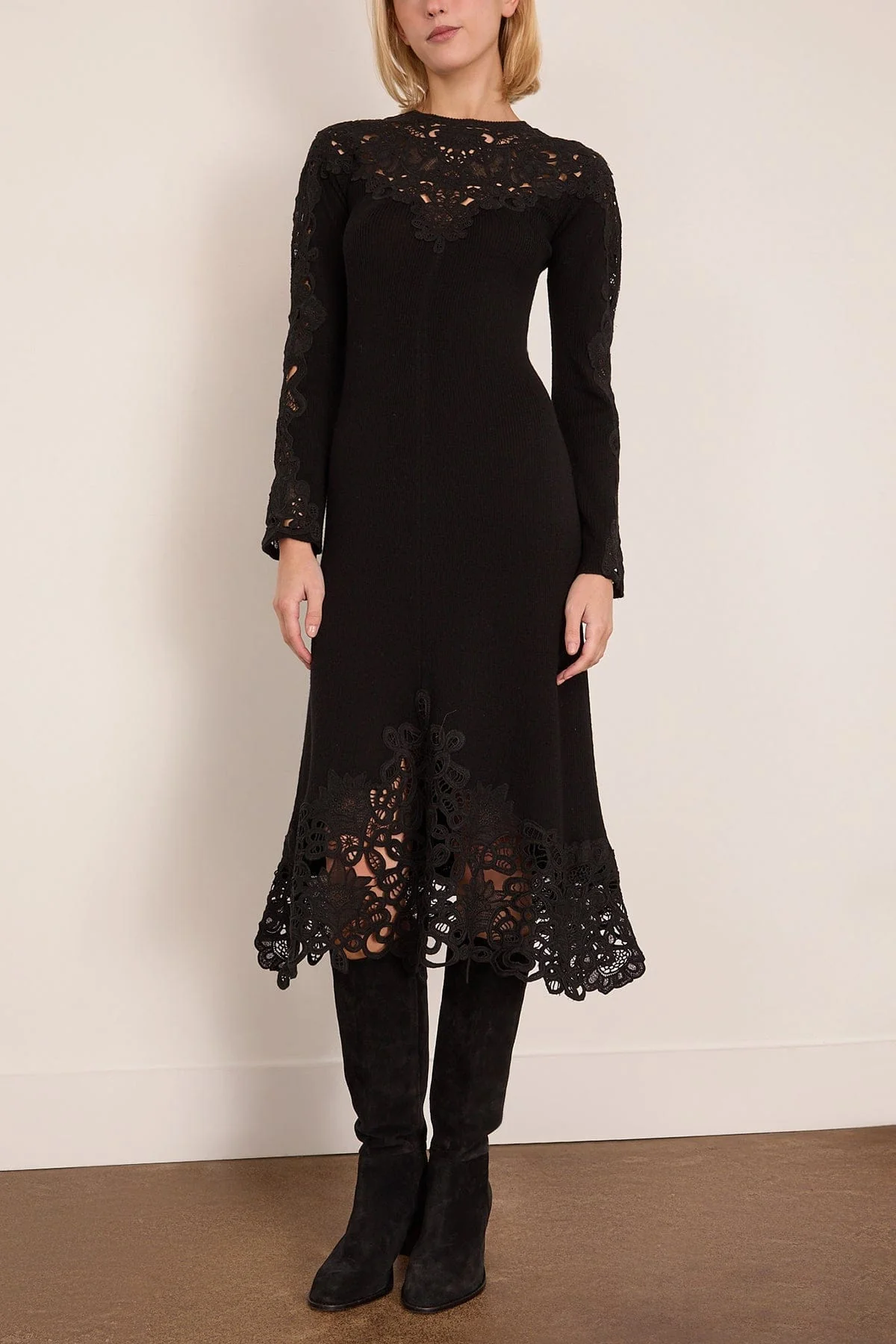 Adelina Battenberg Lace Long Sleeve Knit Midi Dress in Black - Image 3