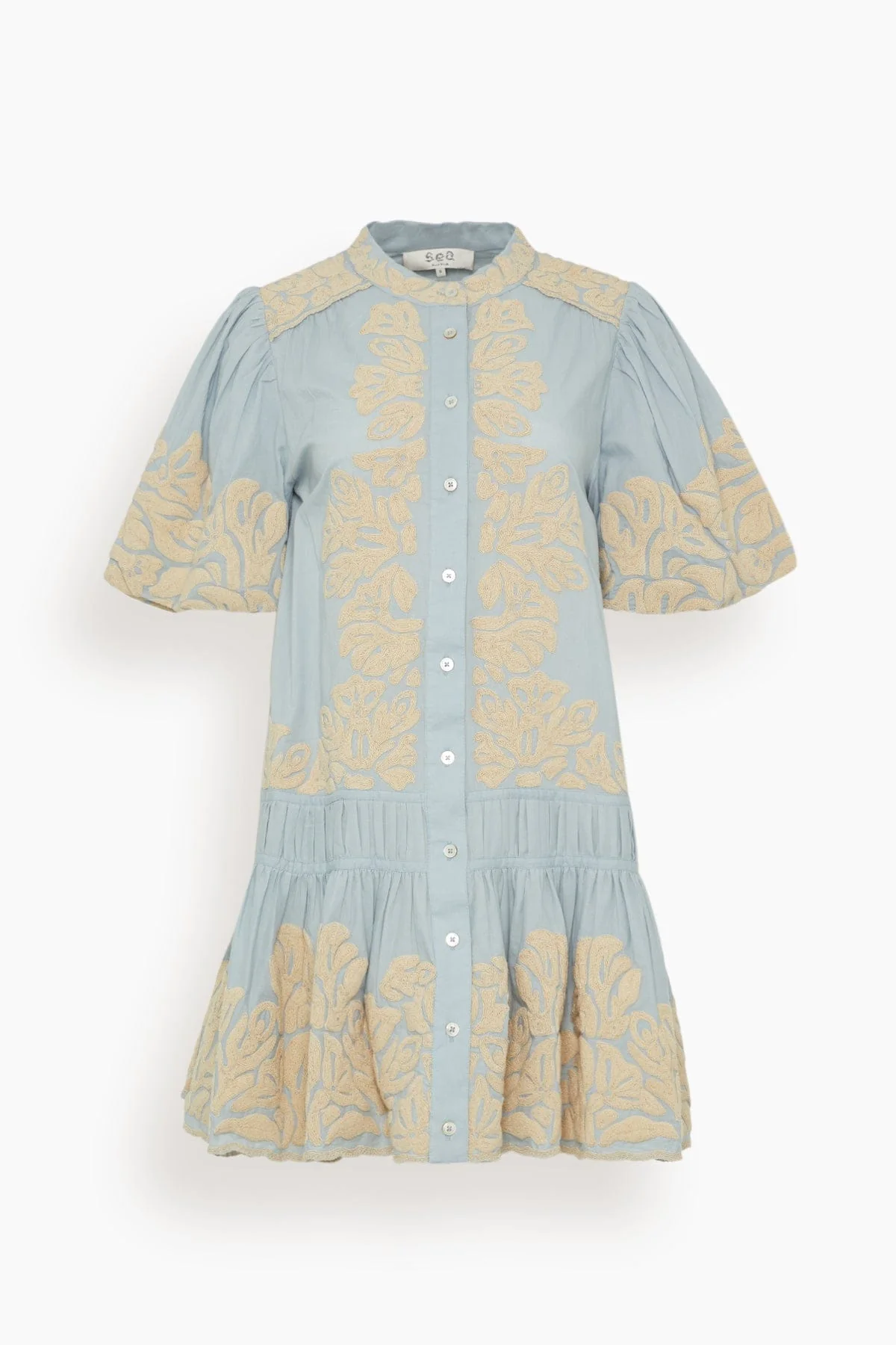 Alexandra Embroidered Bubble Sleeve Tunic in Blue