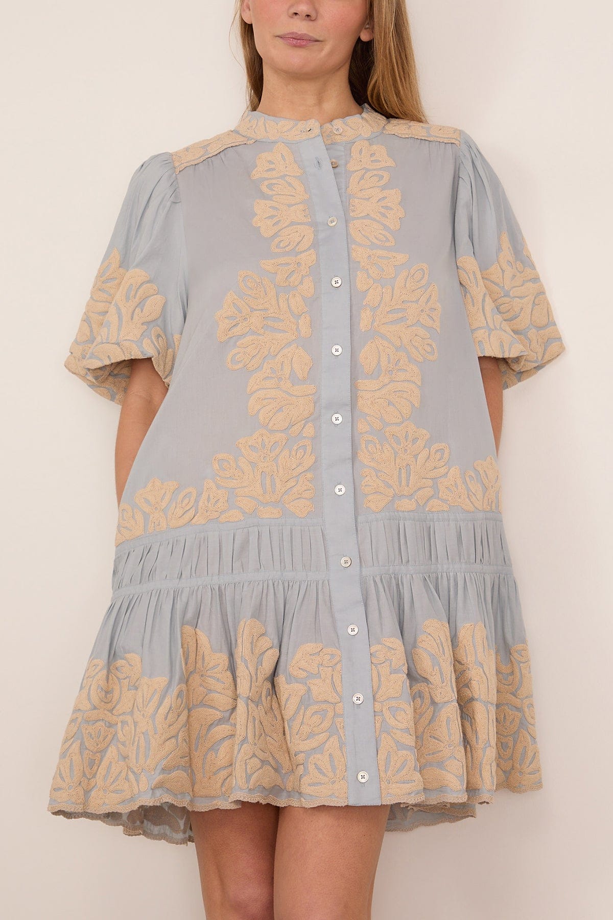 Alexandra Embroidered Bubble Sleeve Tunic in Blue - Image 3