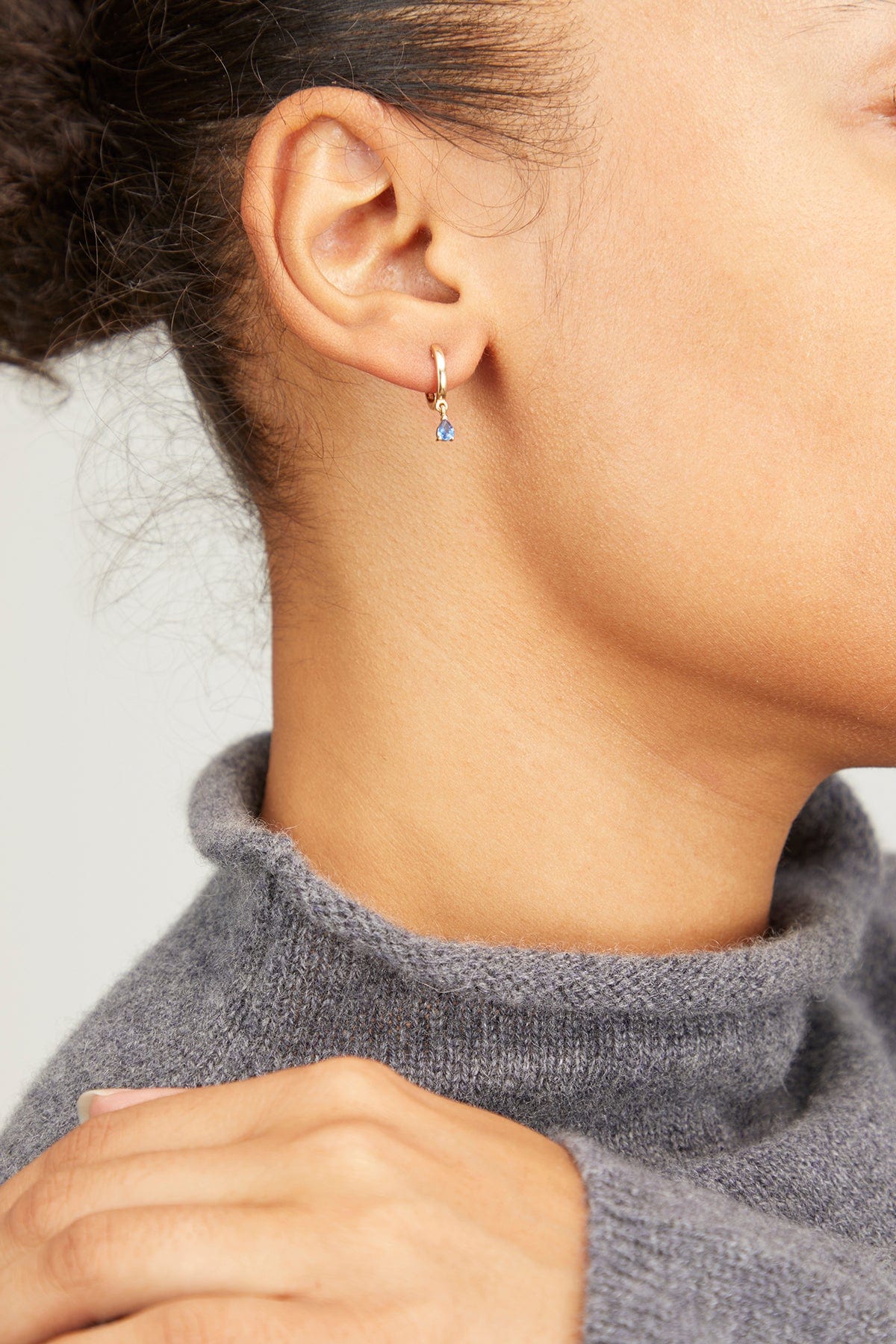 Blue Sapphire Drop Huggies in 14k Yellow Gold - Image 2