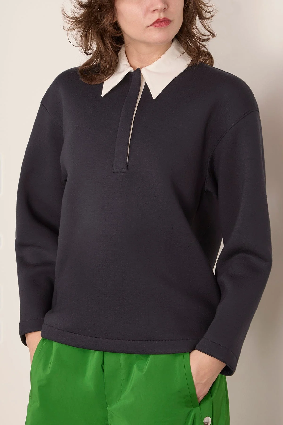 Bonded Viscose Sculpted Polo in Dark Navy - Image 3