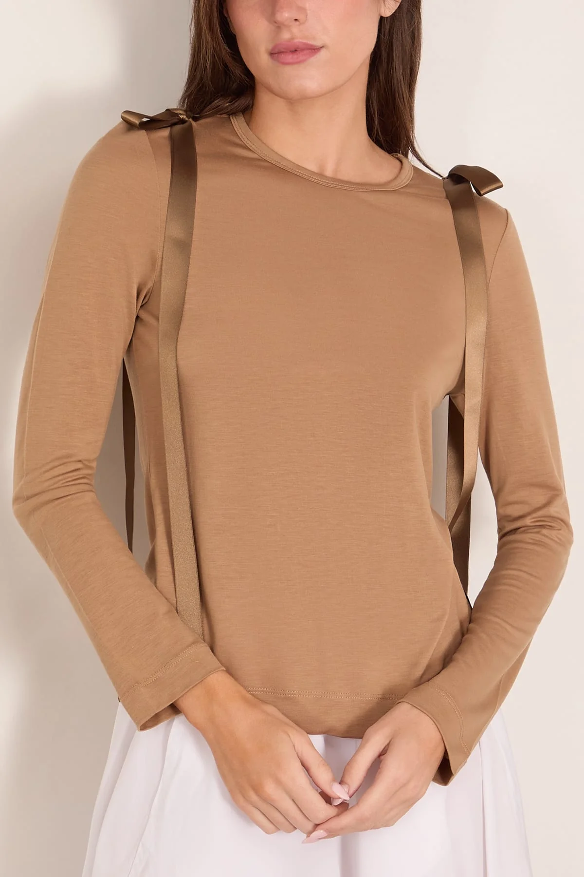 Bow Ribbon Tail Long Sleeve T-Shirt in Toffee - Image 3