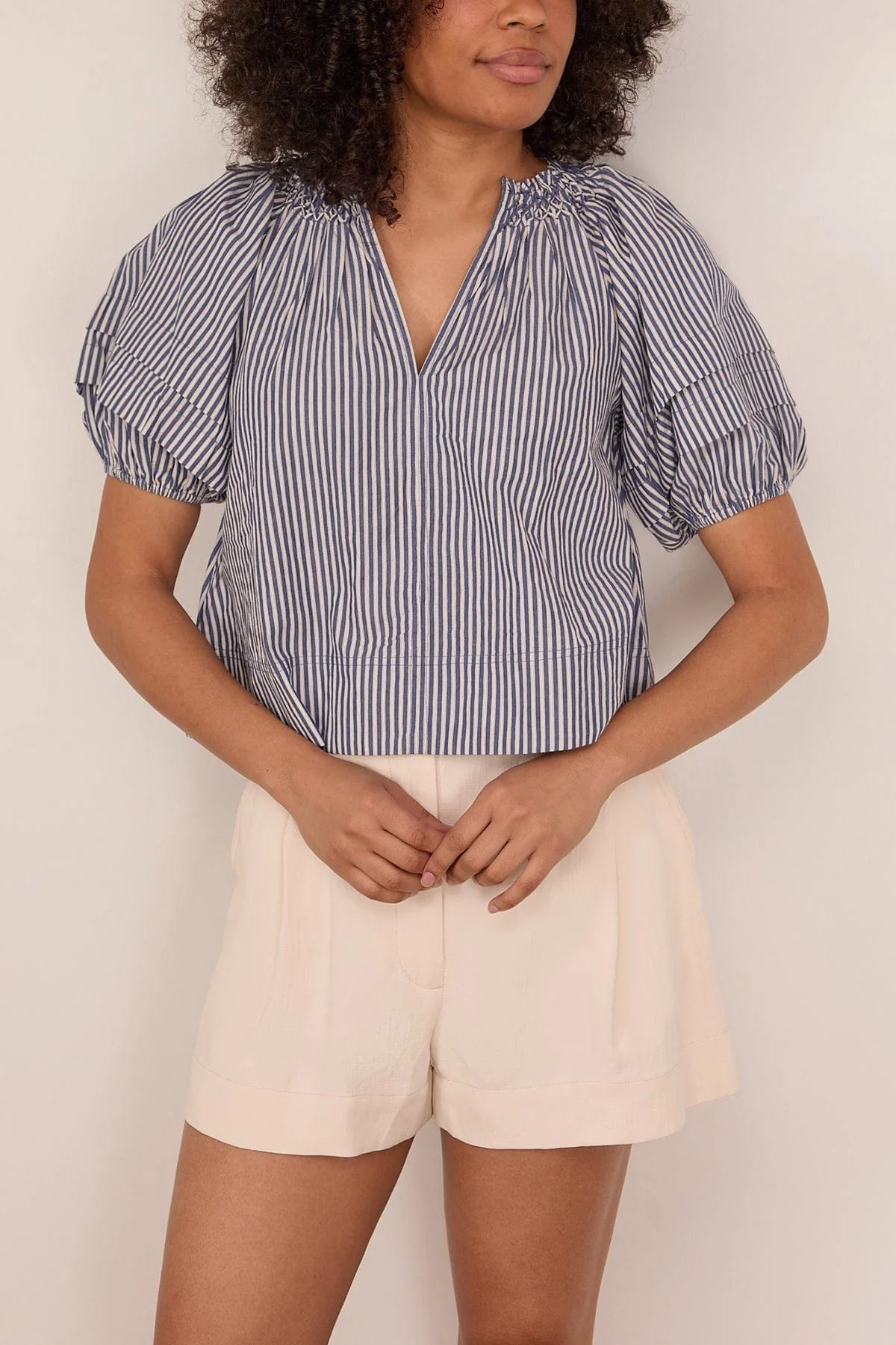 Caminitas Puff Sleeve Top in Skinny Stripes Indigo - Image 3