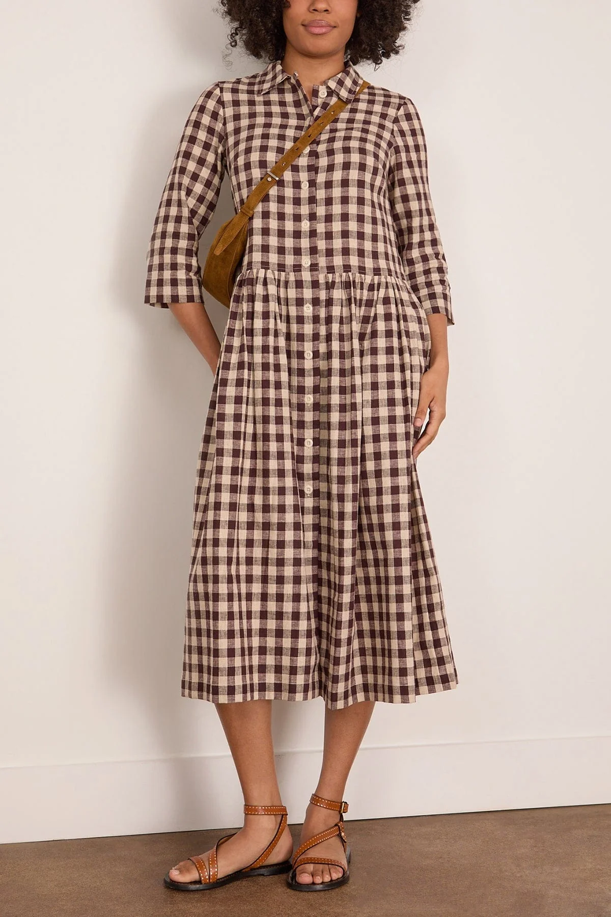 Check Linen Cotton Shirt Dress in Dark Chocolate - Image 2
