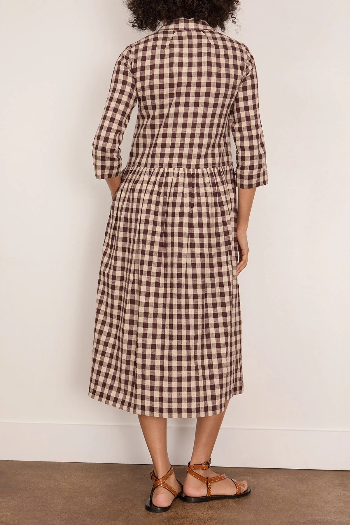 Check Linen Cotton Shirt Dress in Dark Chocolate - Image 4
