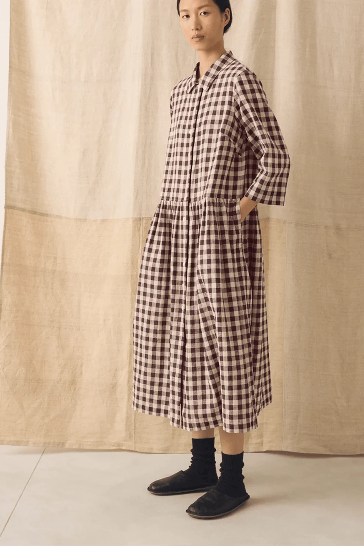 Check Linen Cotton Shirt Dress in Dark Chocolate - Image 5