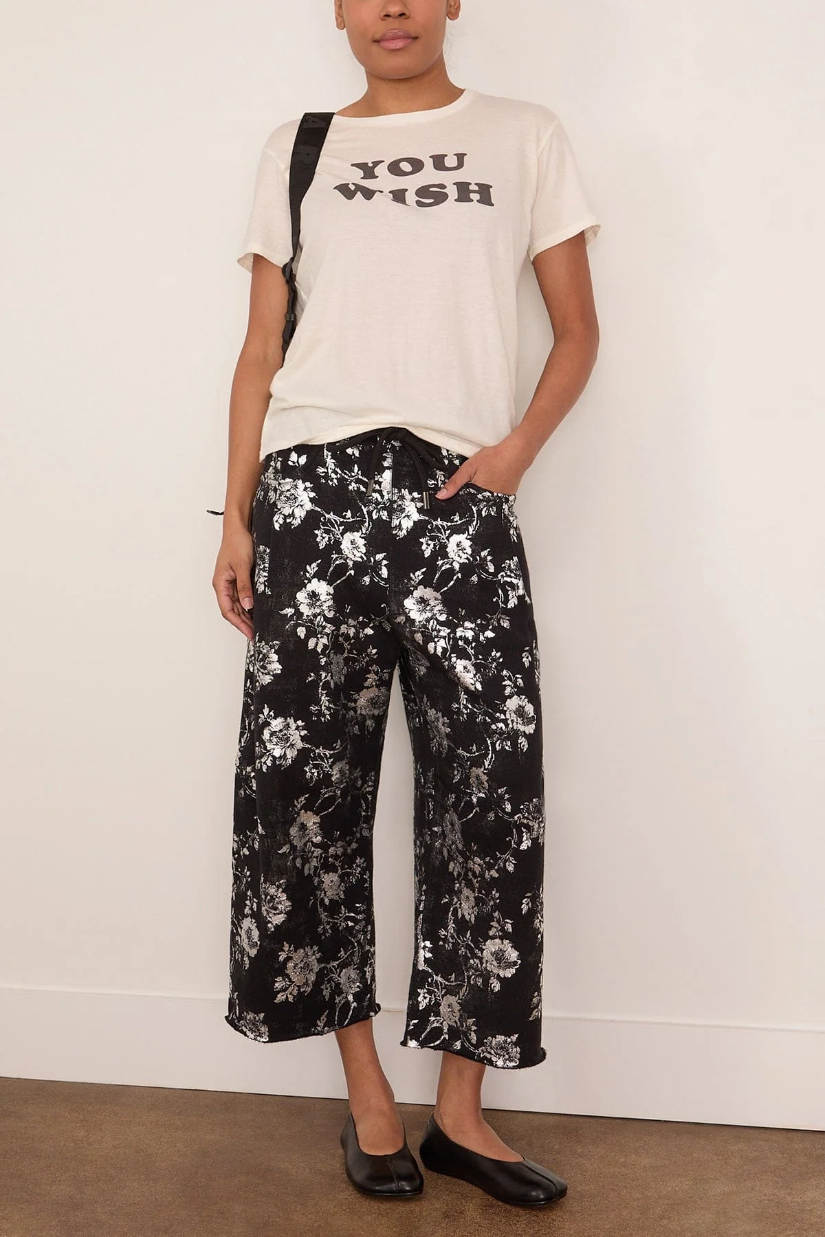 Cropped Pleated Sweatpant in Silver Floral on Black - Image 2