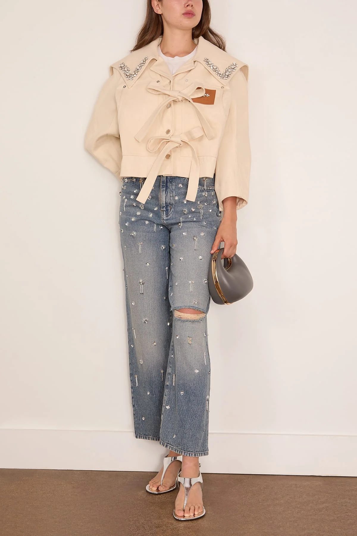 Cropped Sailor Collar Workwear Bow Jacket in Ecru/Pearl/Clear - Image 2
