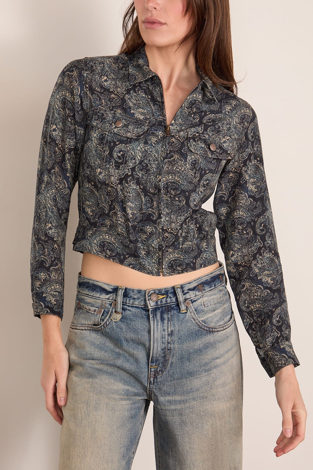 Cropped Shrunken Zip-Up in Blue Indigo Paisley - Image 3