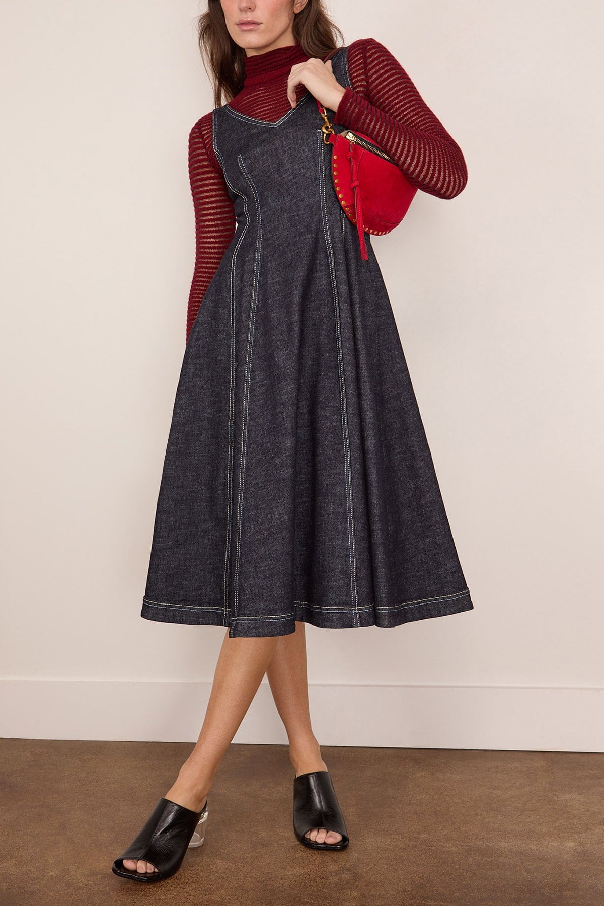 Denim Midi Balloon Dress in Blue/Black - Image 2