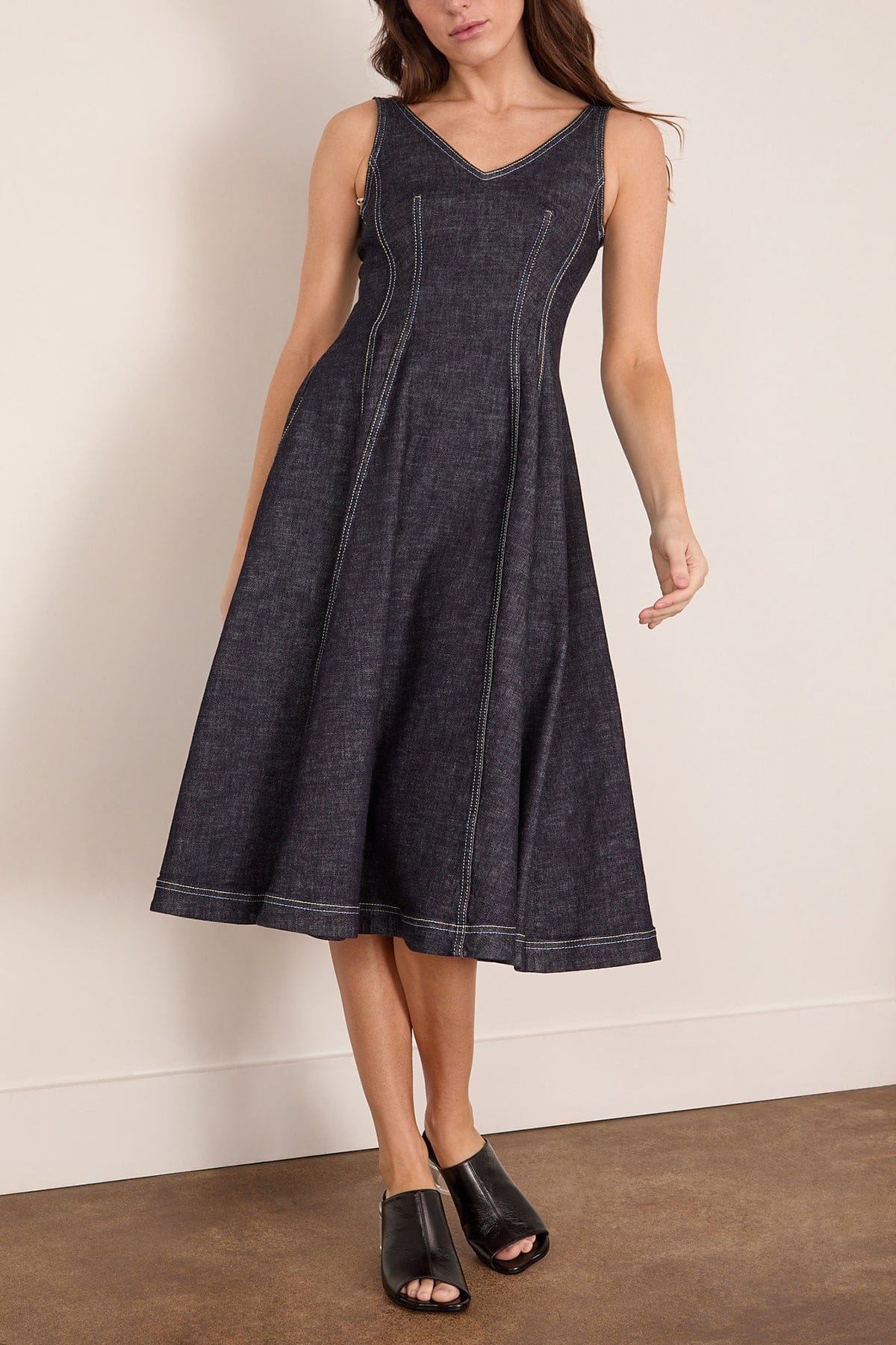 Denim Midi Balloon Dress in Blue/Black - Image 3