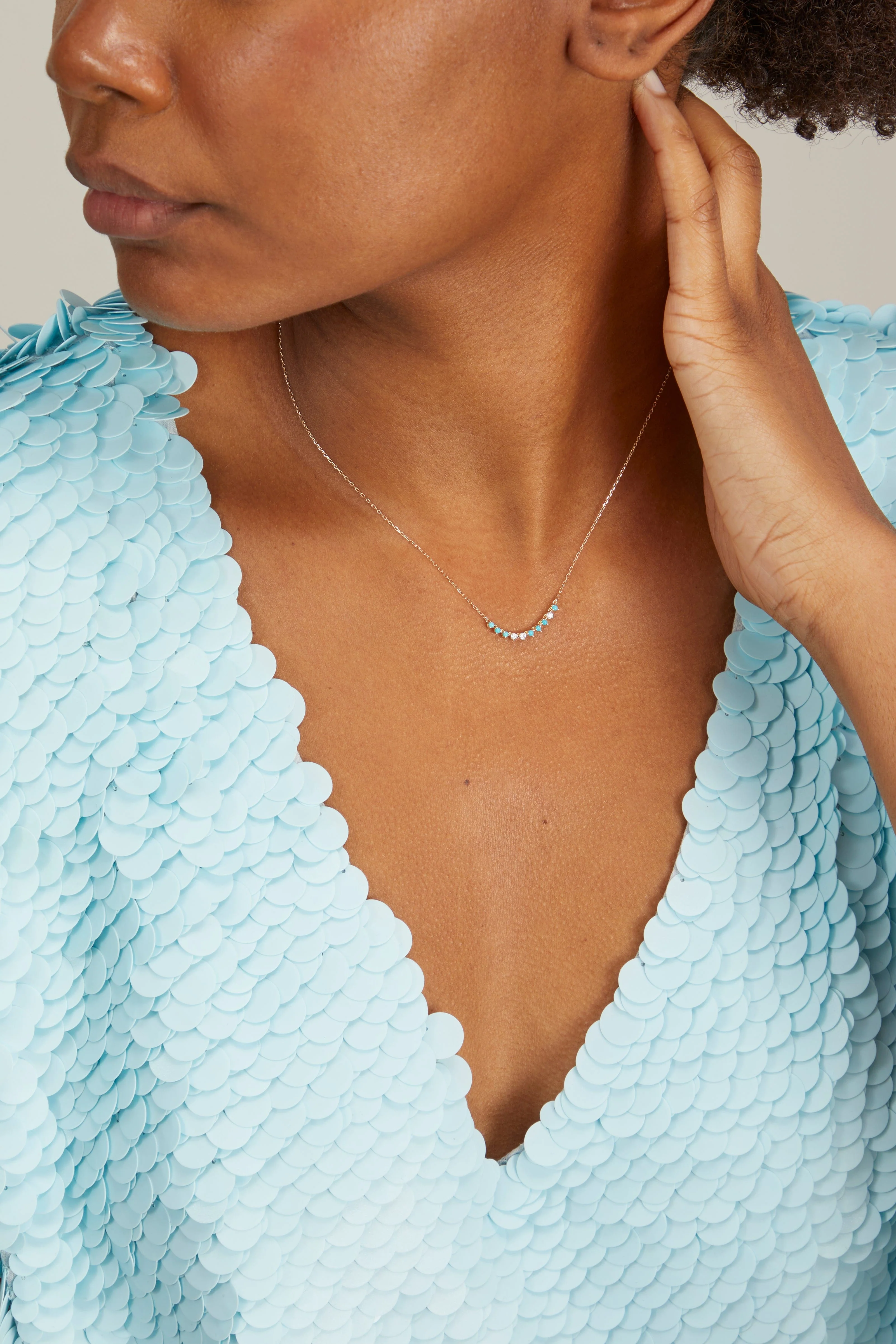 Diamond and Turquoise Rounds Chain Necklace in 14k Yellow Gold - Image 2