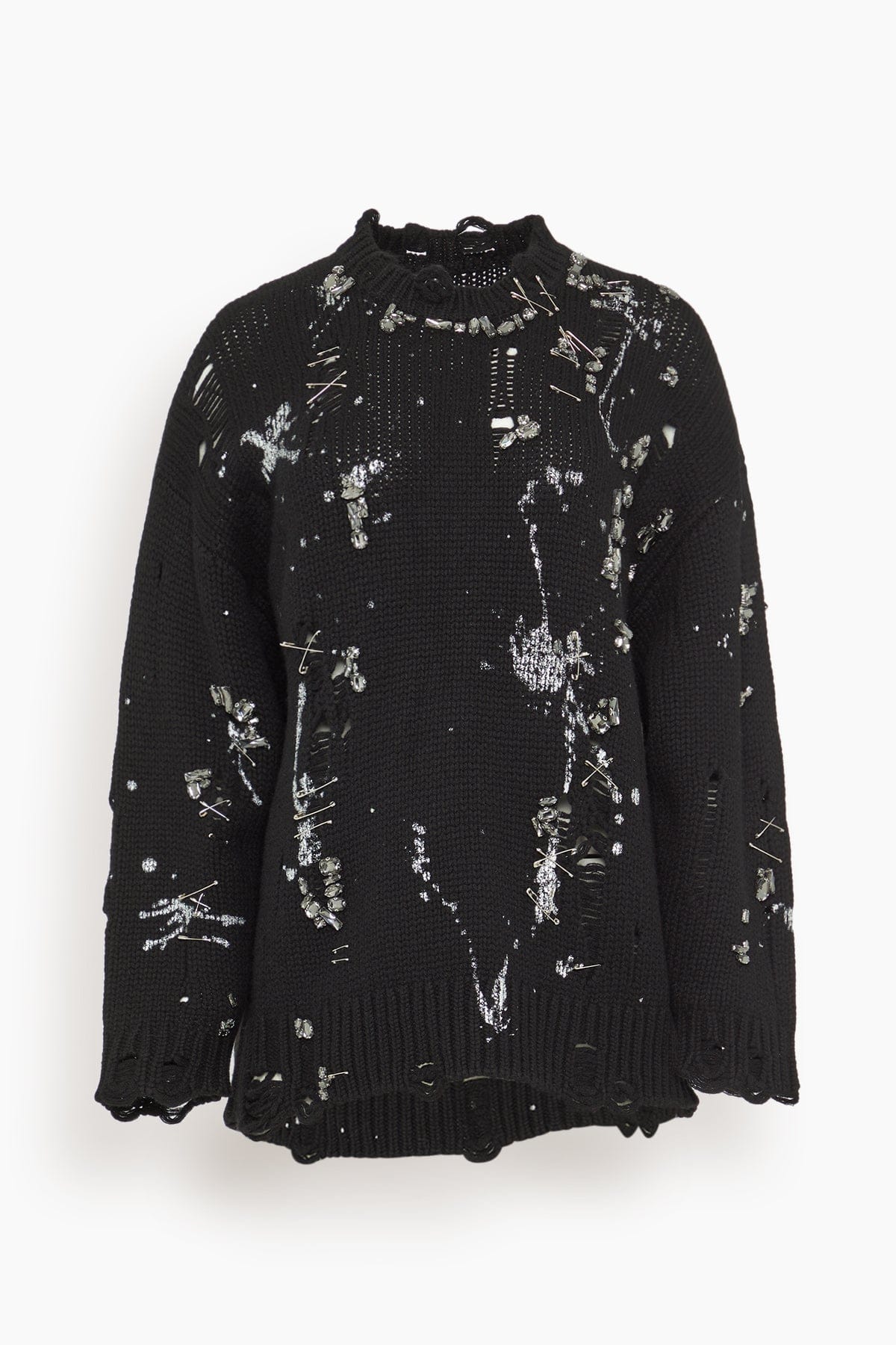 Distressed Oversized Sweater in Black with Crystals and Pins