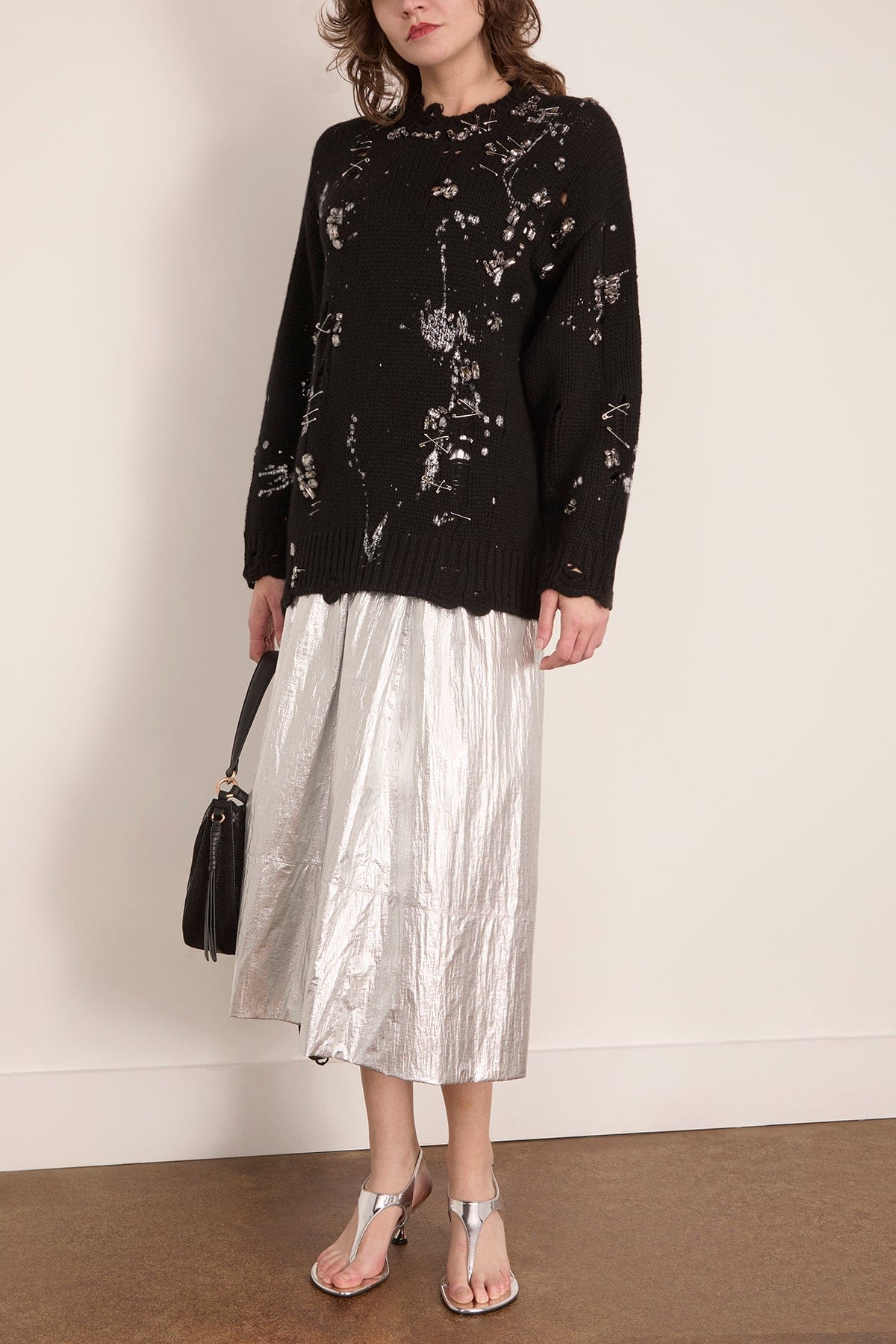 Distressed Oversized Sweater in Black with Crystals and Pins - Image 2