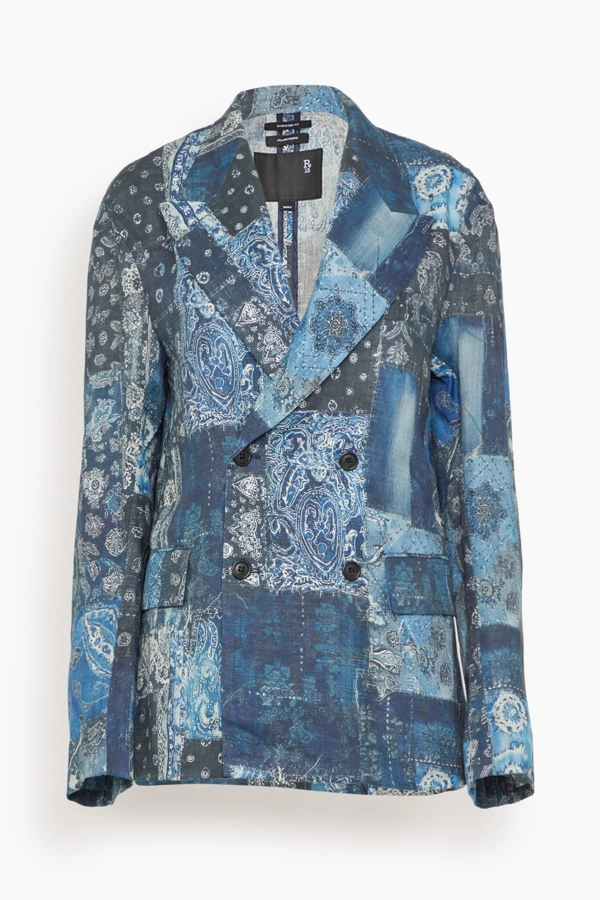 Double Breasted Peak Lapel Ragged Blazer in Blue Multi Bandana