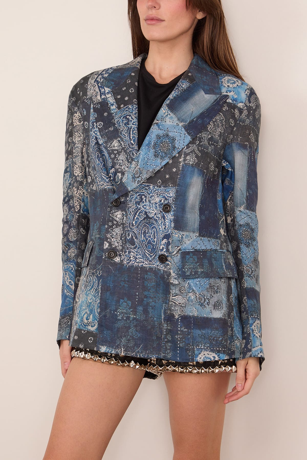 Double Breasted Peak Lapel Ragged Blazer in Blue Multi Bandana - Image 3