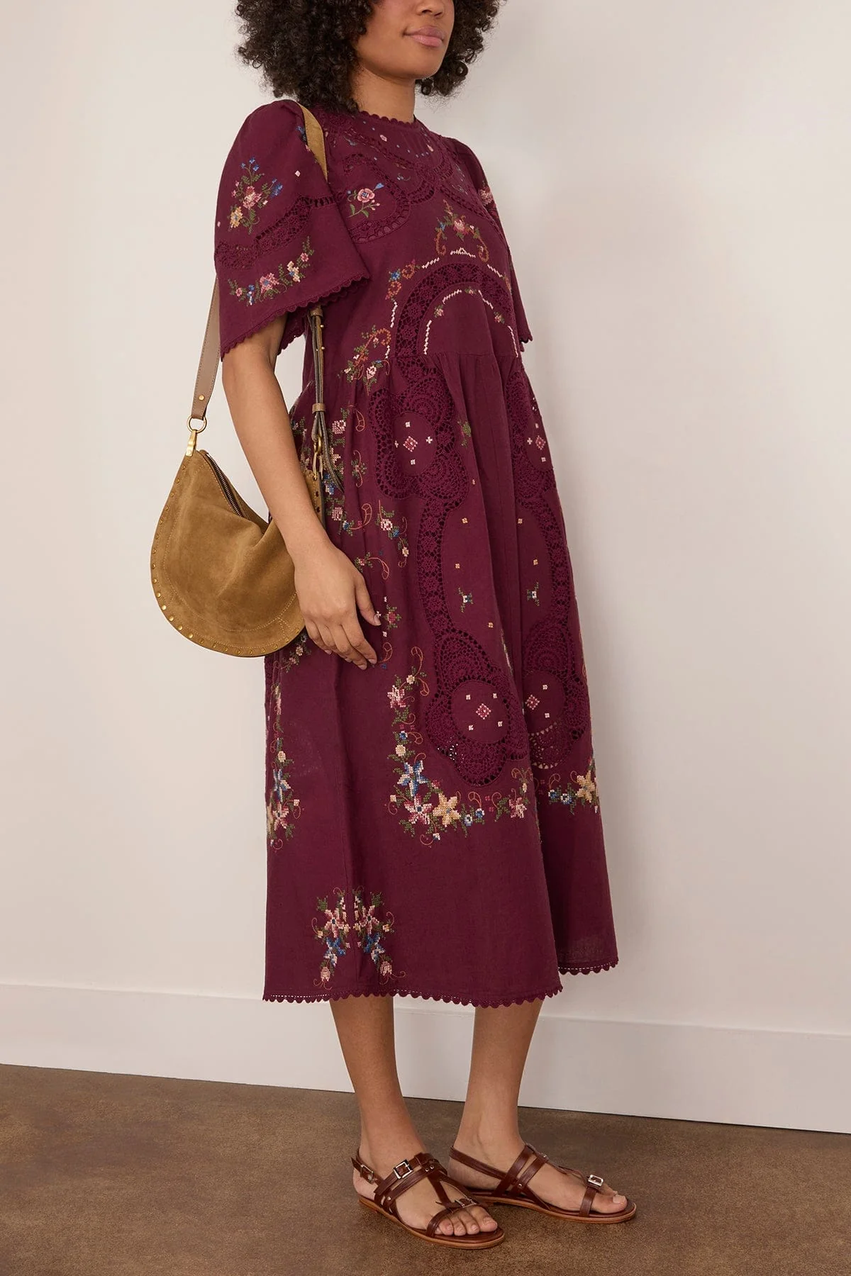 Edwina Embroidered Short Sleeve Dress in Burgundy - Image 2