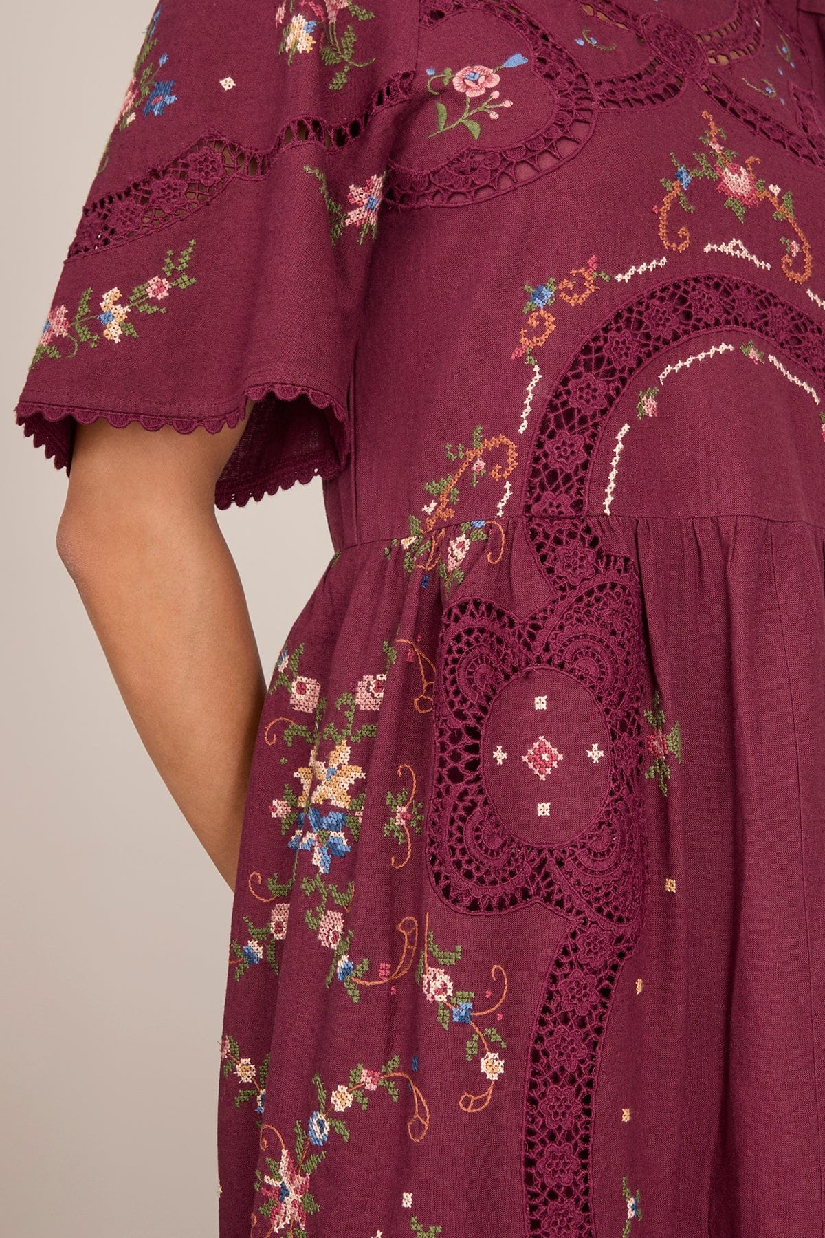 Edwina Embroidered Short Sleeve Dress in Burgundy - Image 5