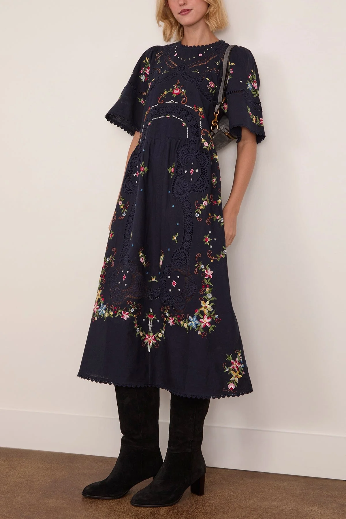 Edwina Embroidered Short Sleeve Dress in Navy - Image 2