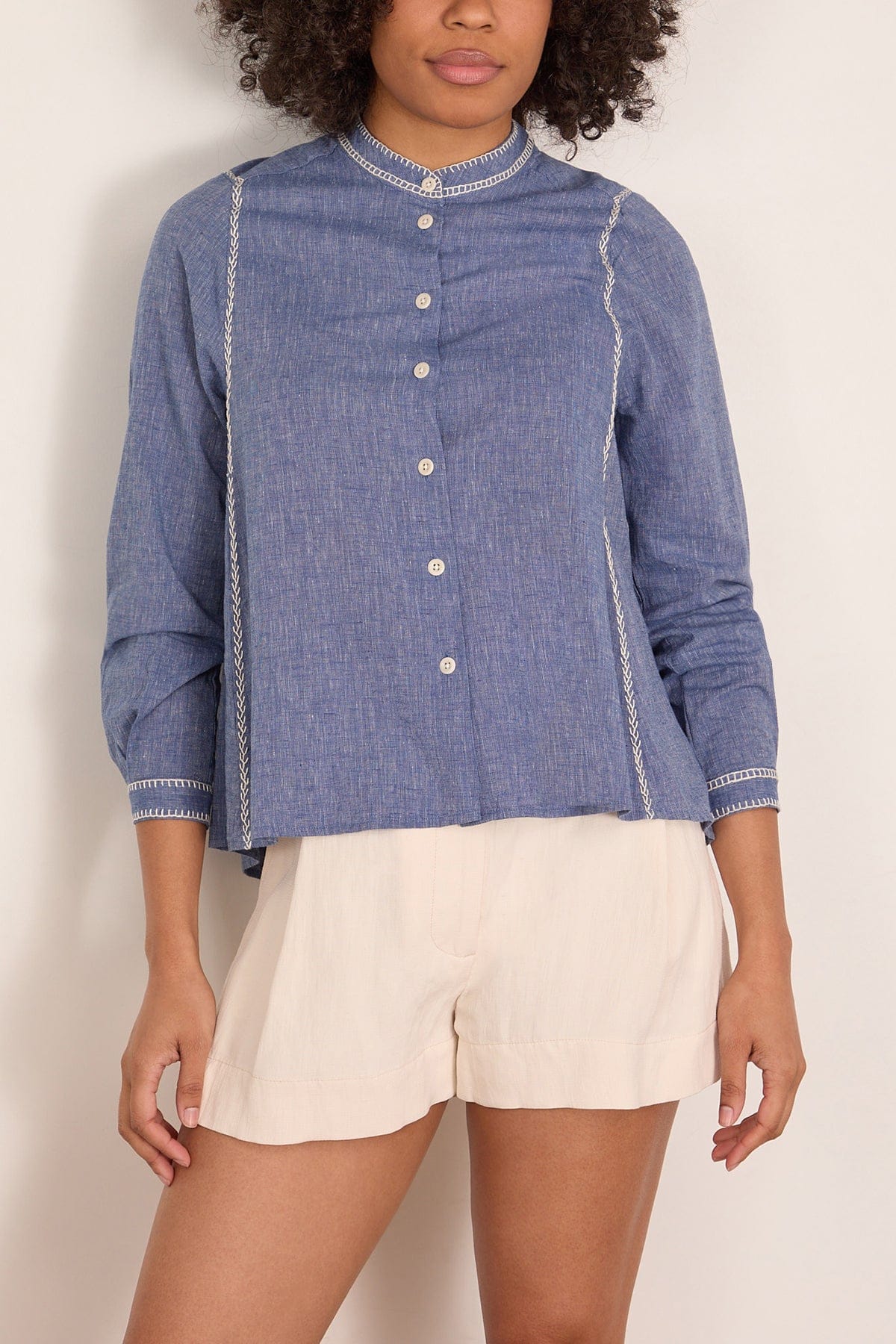 Embroidered Cotton Linen Chambray Shirt in Chambray Blue - Image 3