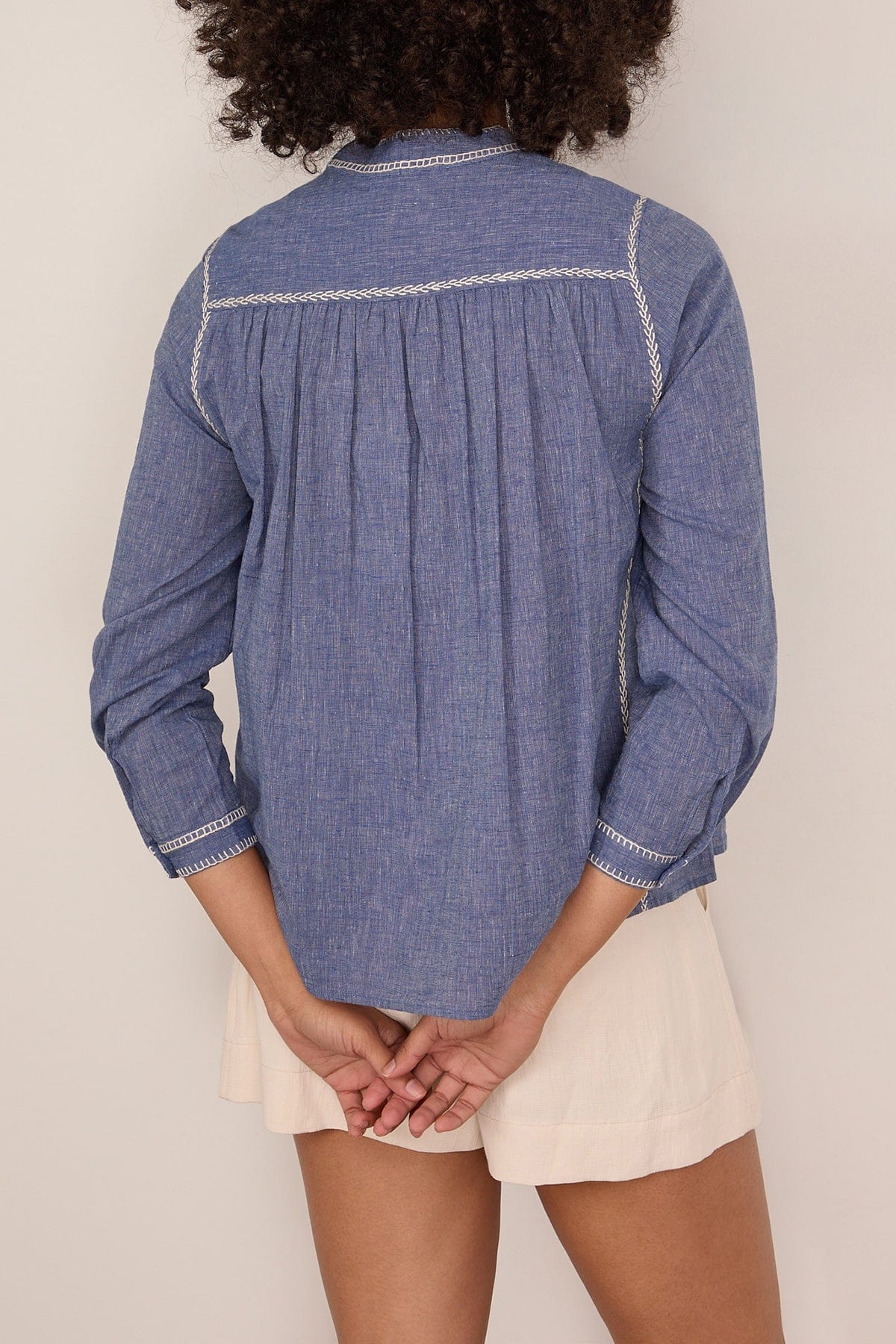 Embroidered Cotton Linen Chambray Shirt in Chambray Blue - Image 4