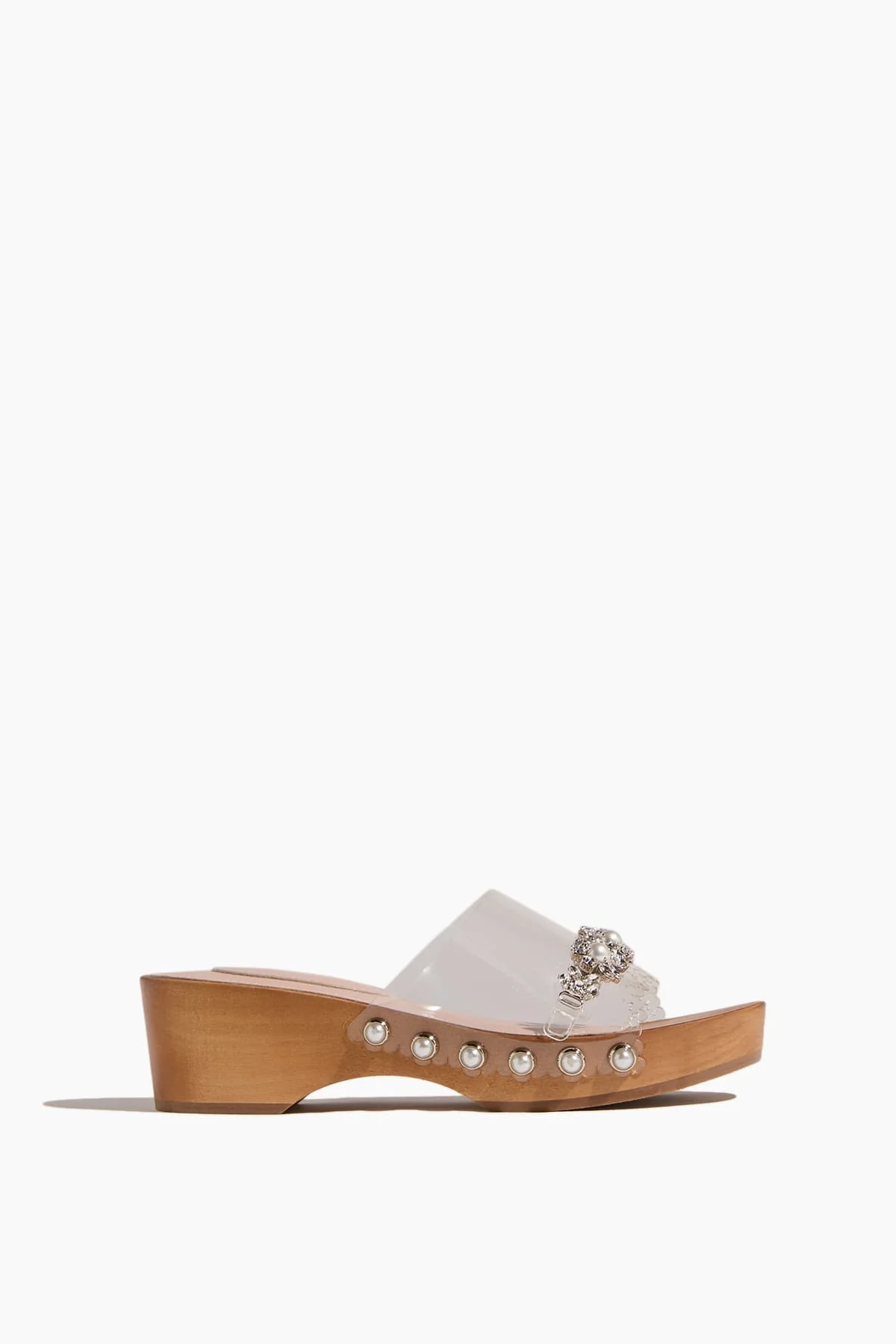 Embroidered Scalloped Wooden Clog in Clear/Pearl