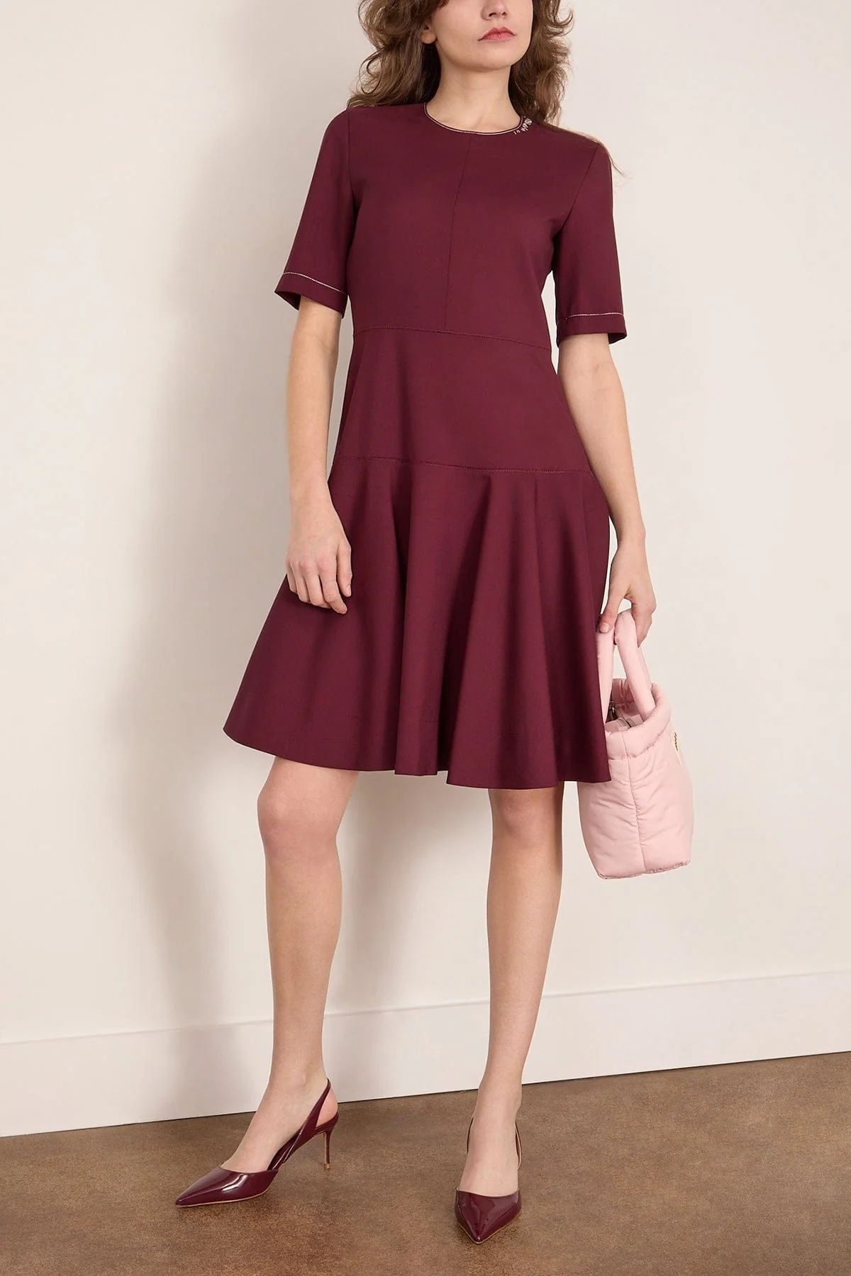 Embroidered Short Sleeve Midi Dress in Dark Burgundy - Image 2