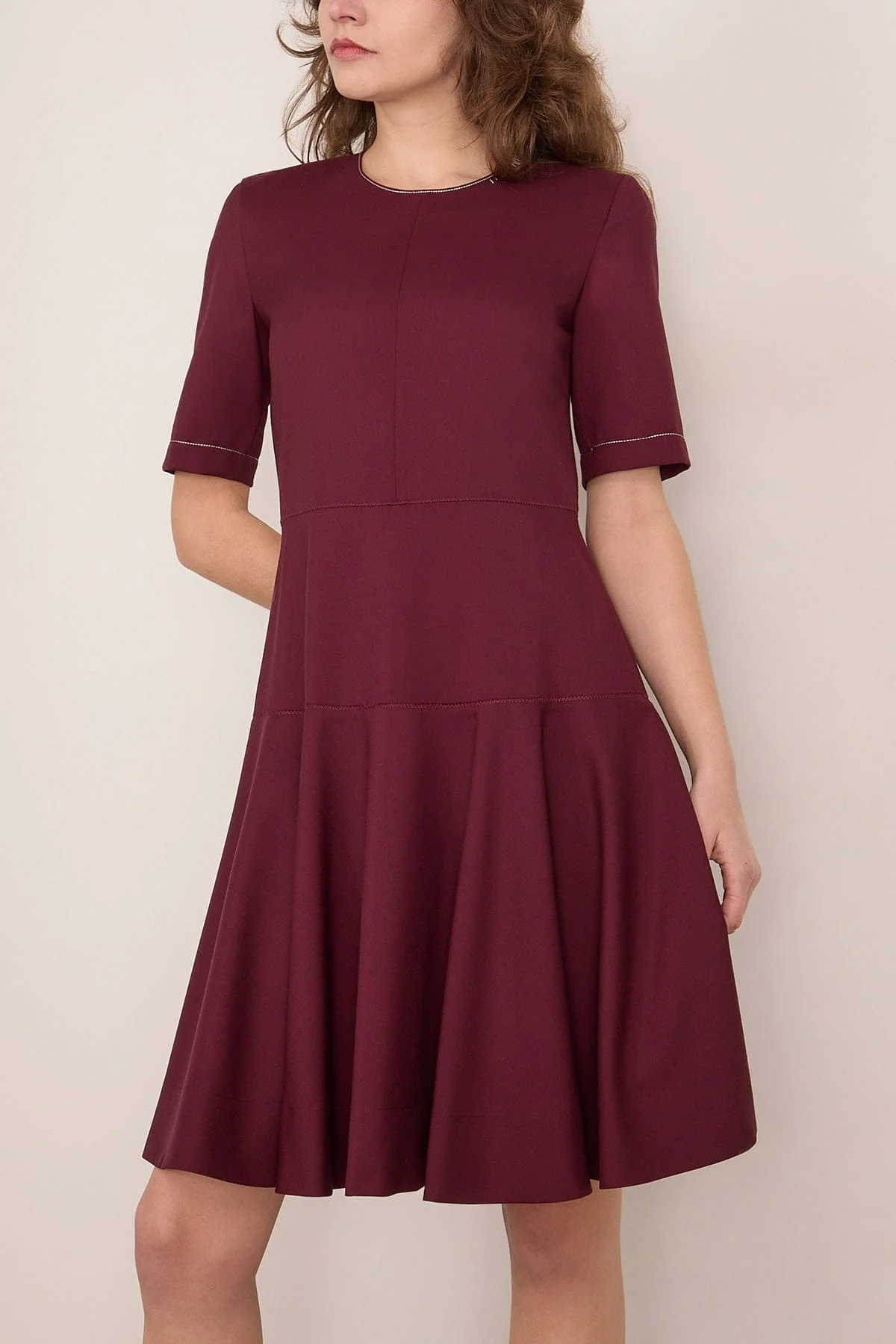 Embroidered Short Sleeve Midi Dress in Dark Burgundy - Image 3