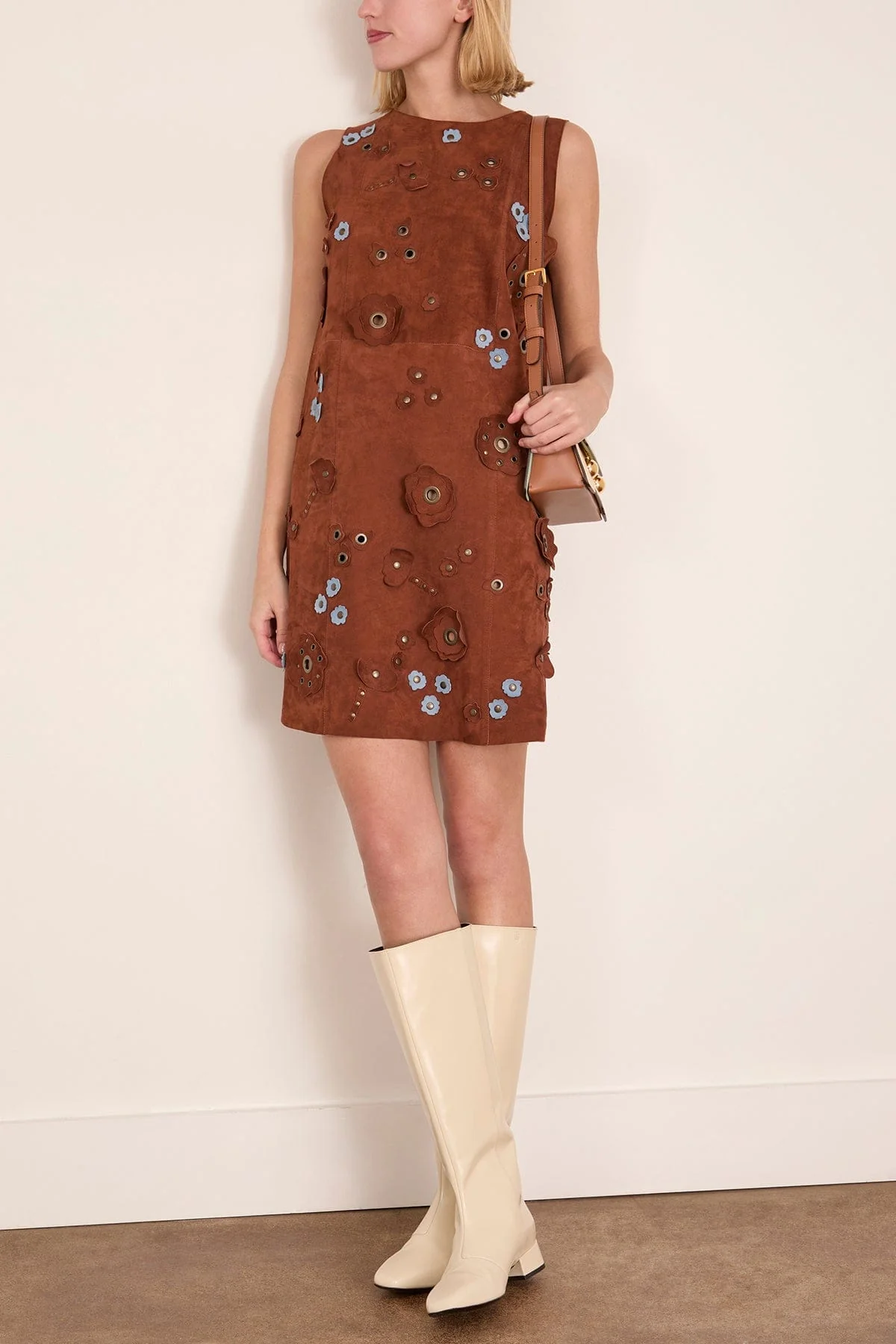 Floral Embroidered Suede Dress in Tobacco - Image 2