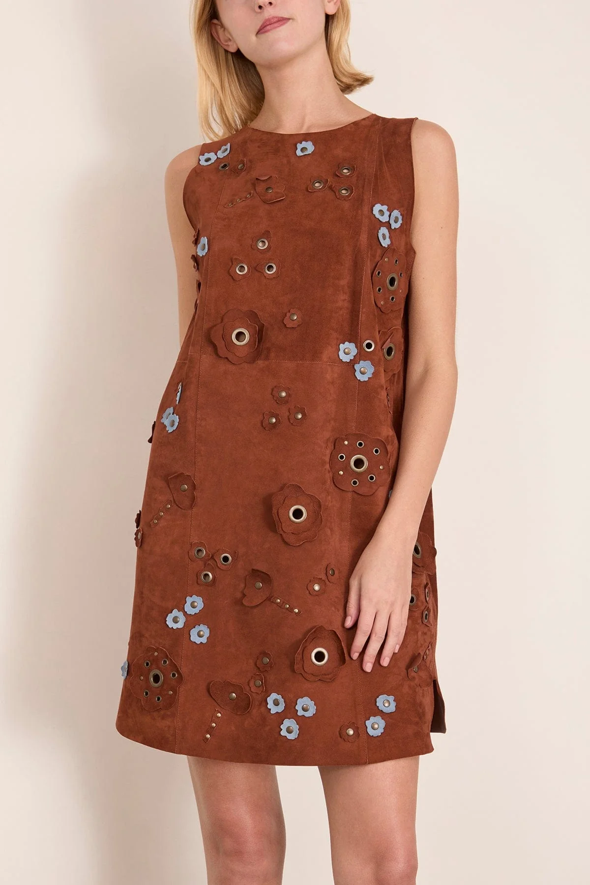 Floral Embroidered Suede Dress in Tobacco - Image 3