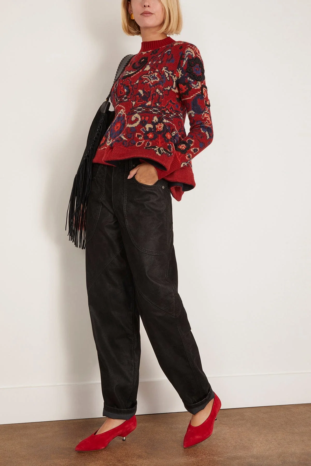 Floral Jacquard Knit Pullover in Bordeaux - Image 2