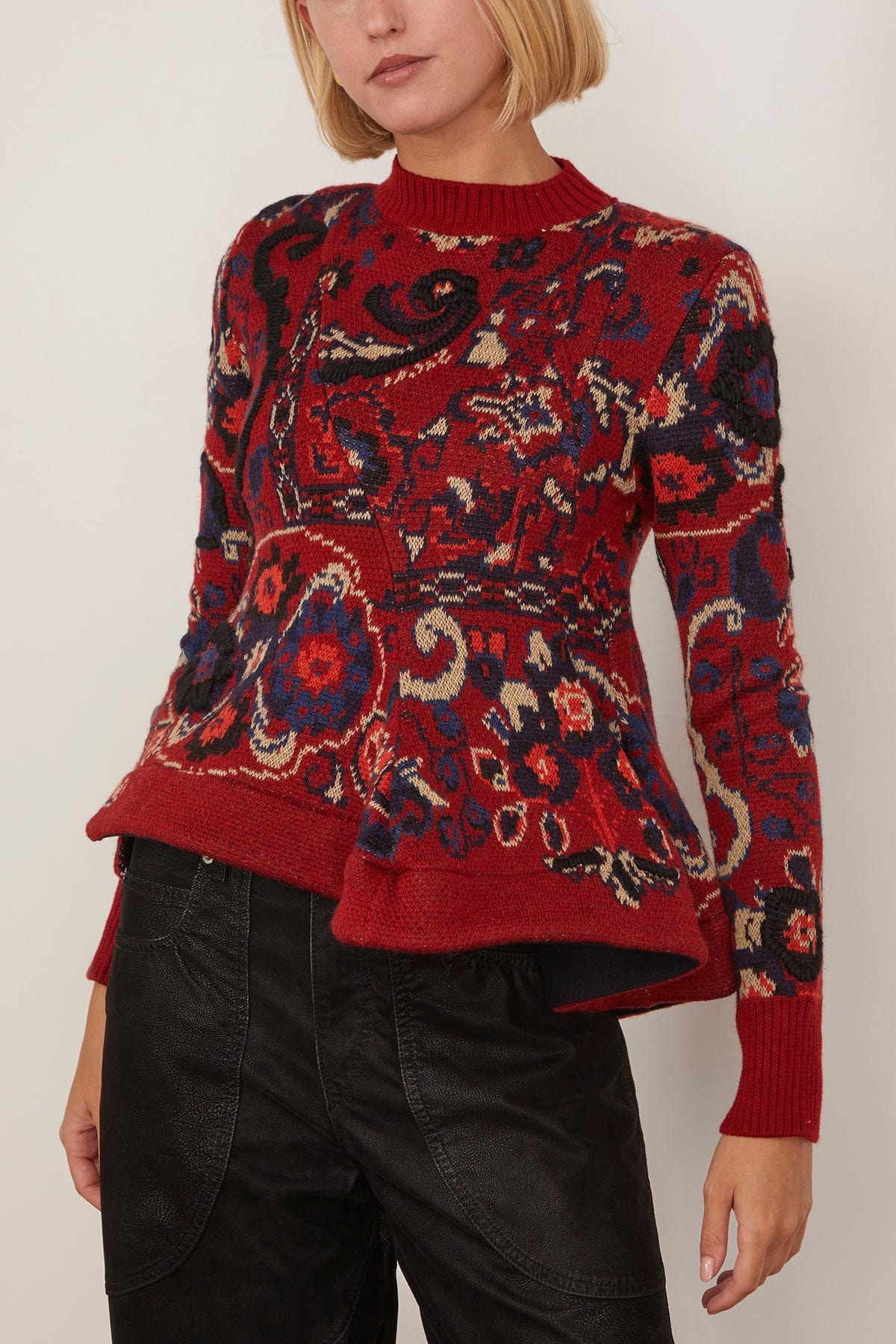 Floral Jacquard Knit Pullover in Bordeaux - Image 3