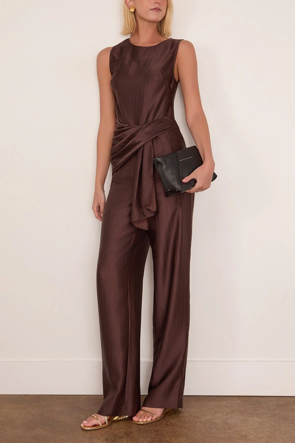 Fonda Draped Asymmetric Top in Dark Brown - Image 2