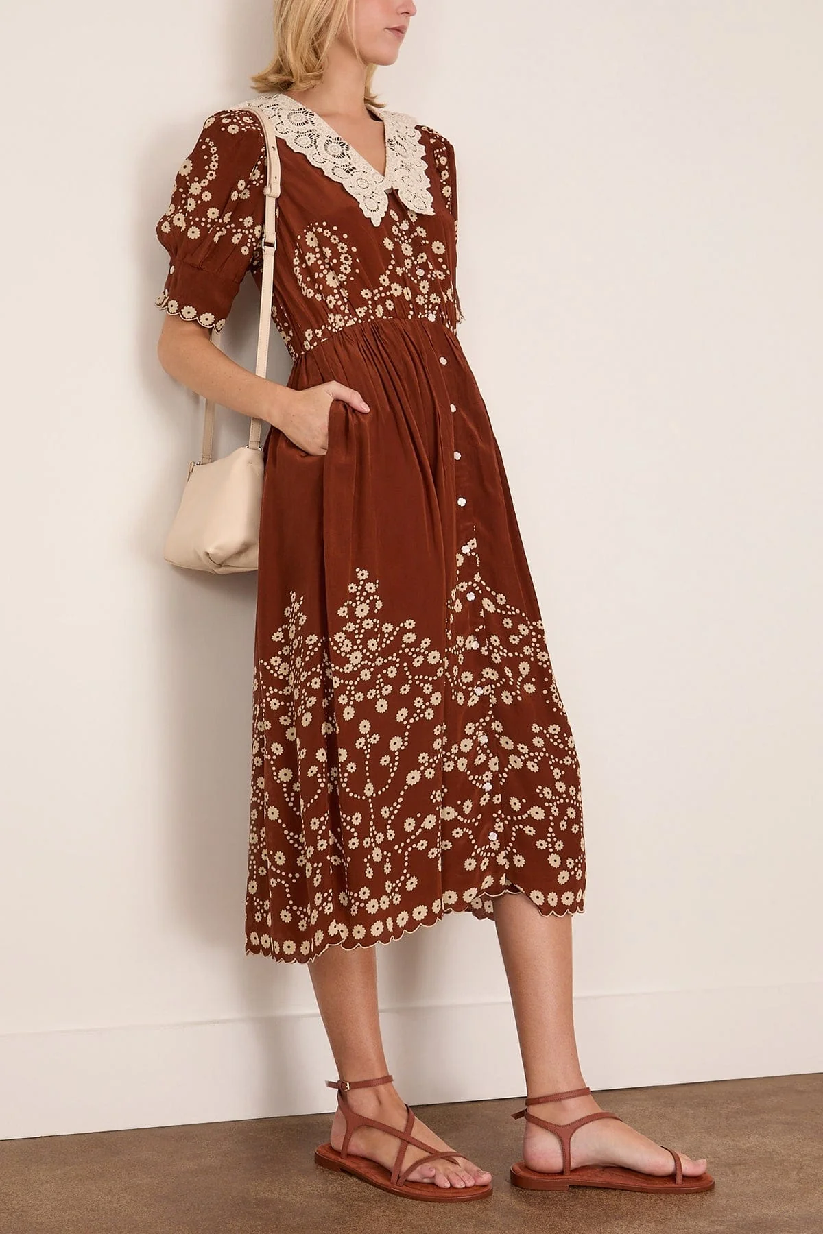 Frances Print Short Sleeve Midi Dress in Brown - Image 2