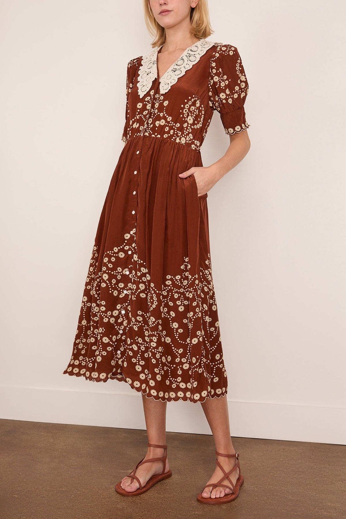 Frances Print Short Sleeve Midi Dress in Brown - Image 3
