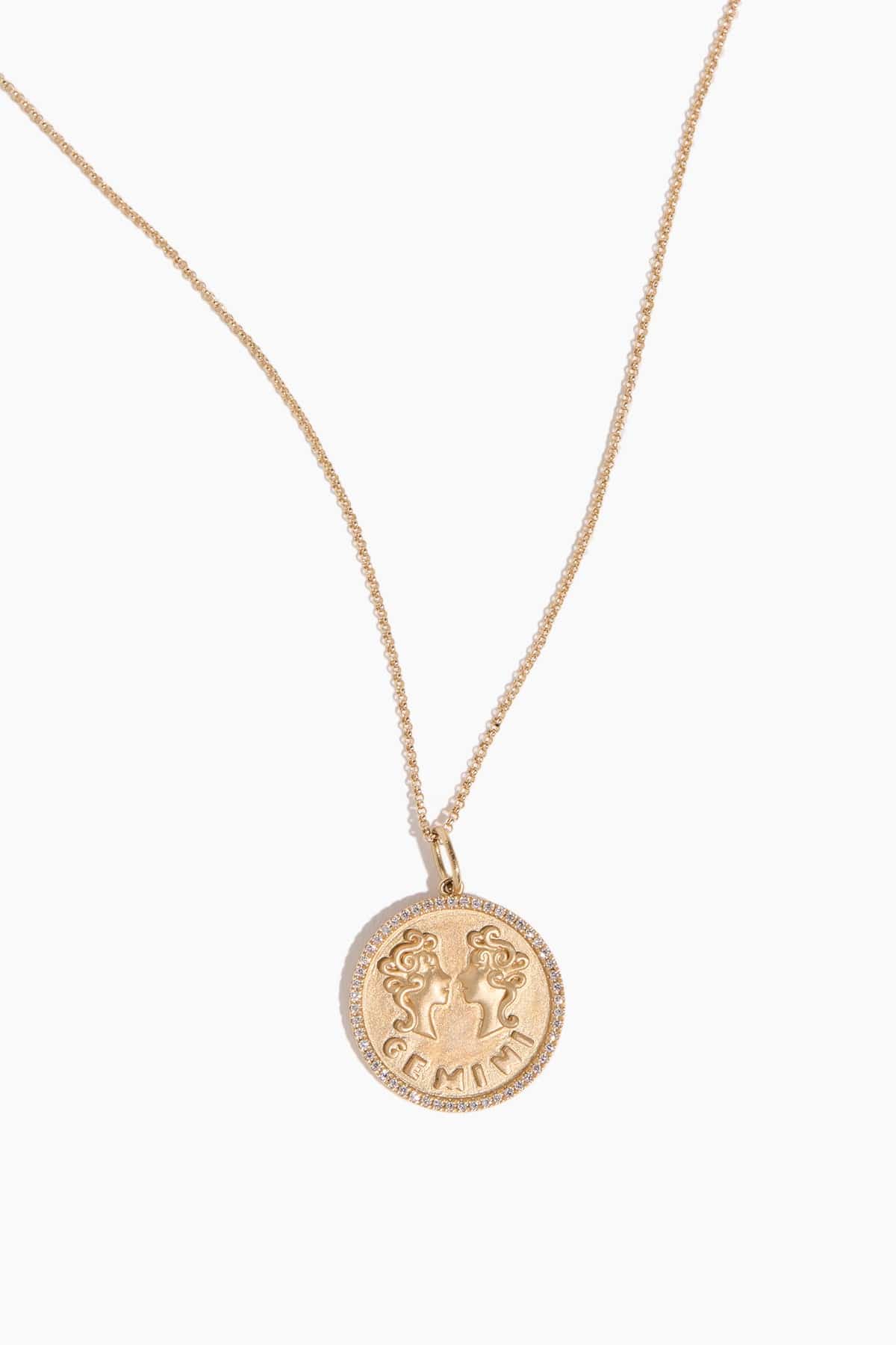 Gemini Zodiac Necklace with Diamonds in 14k Yellow Gold