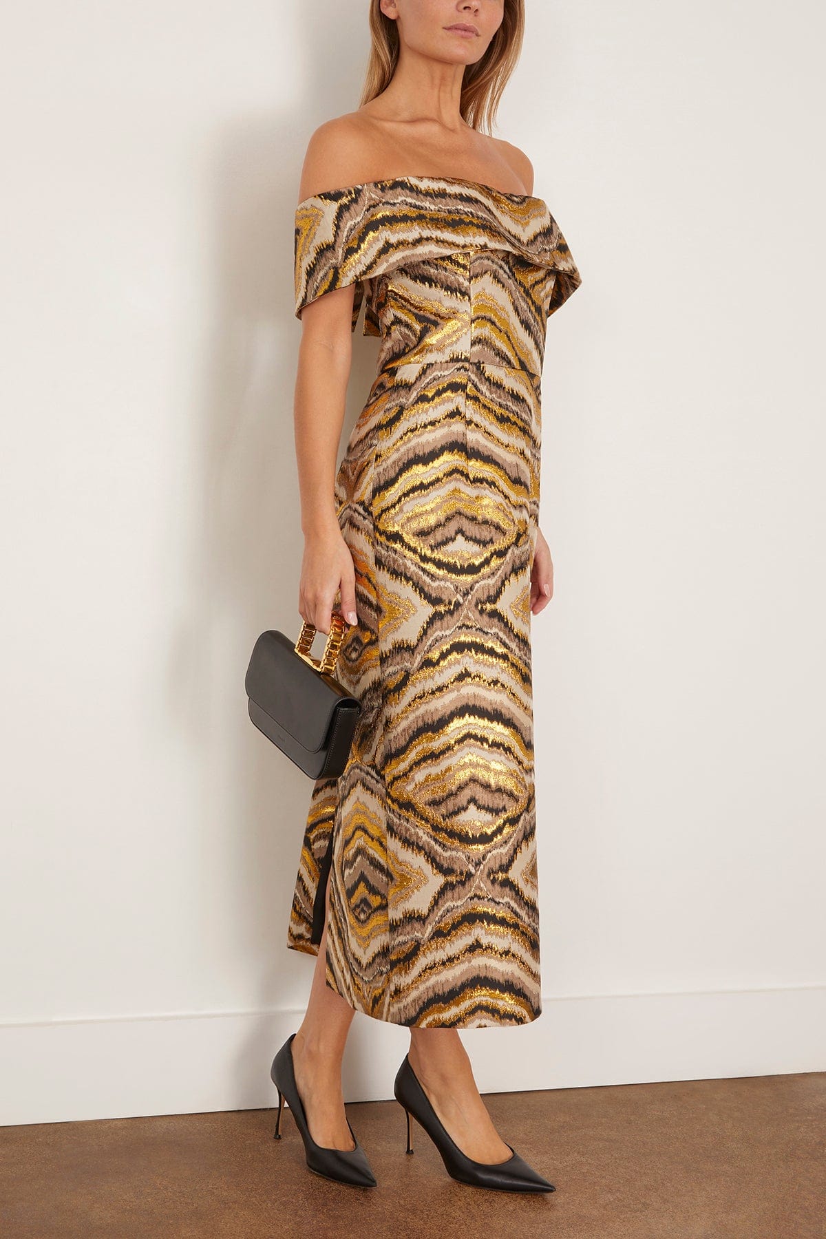Gloria Jacquard Off The Shoulder Midi Dress in Metallic Woodgrain - Image 2