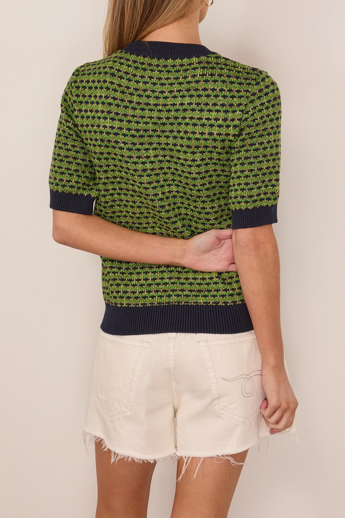 Jacquard Knitted Cotton Top in Green Multi - Image 4