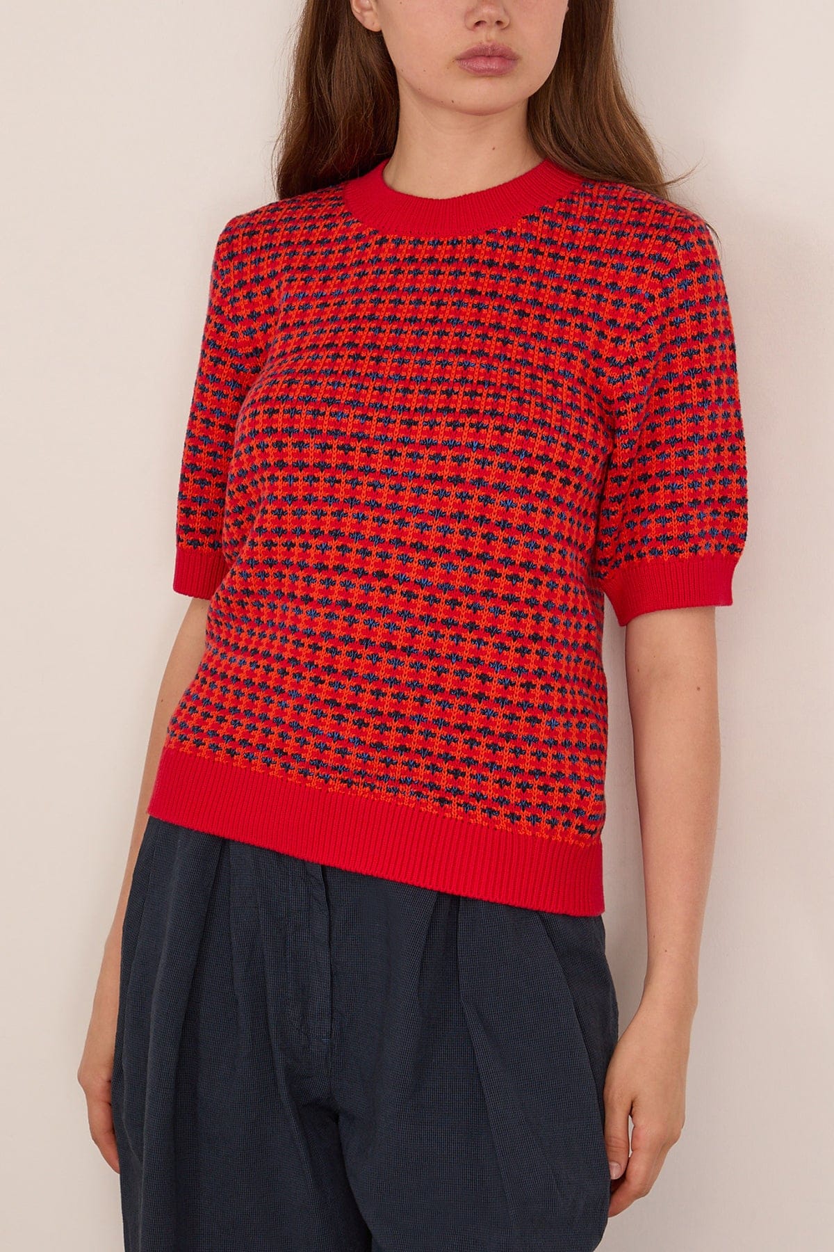 Jacquard Knitted Cotton Top in Red Multi - Image 3