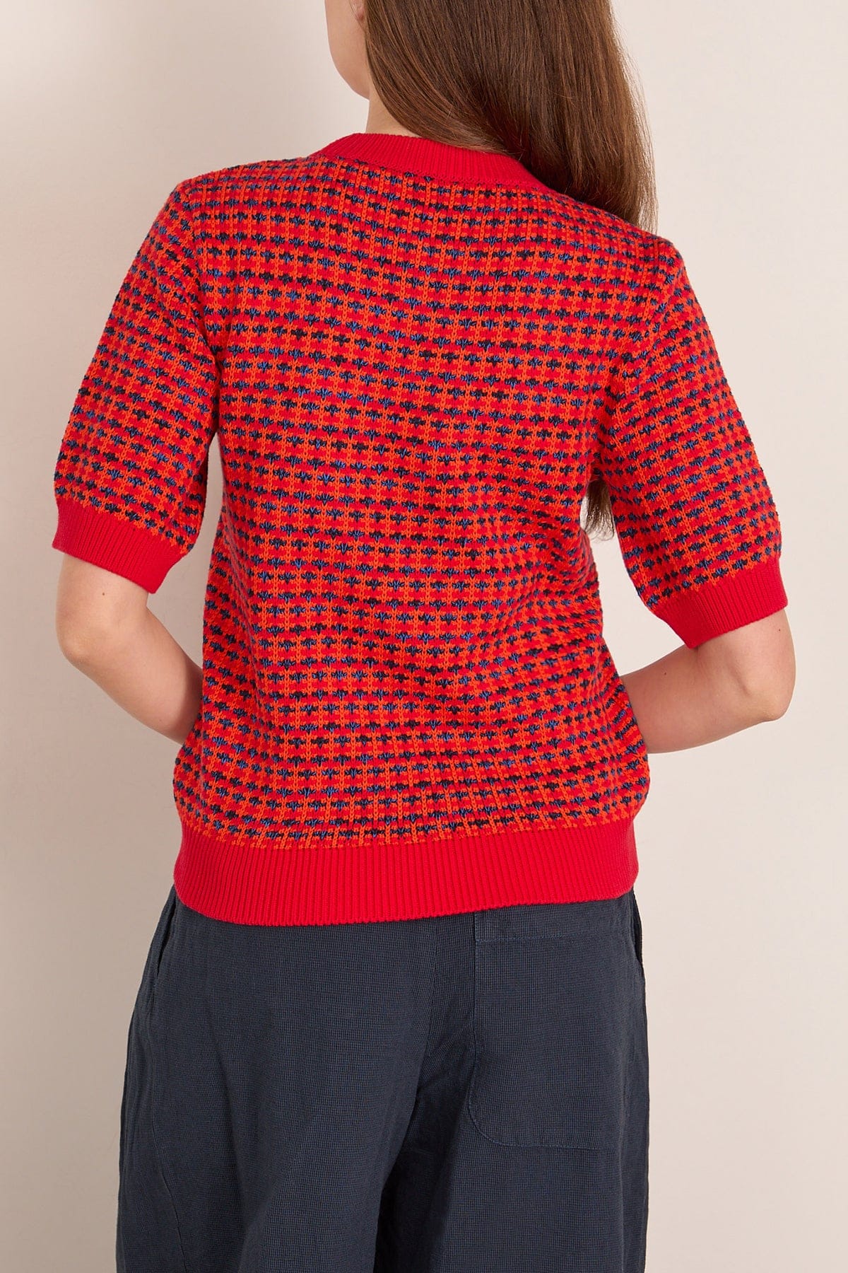Jacquard Knitted Cotton Top in Red Multi - Image 4