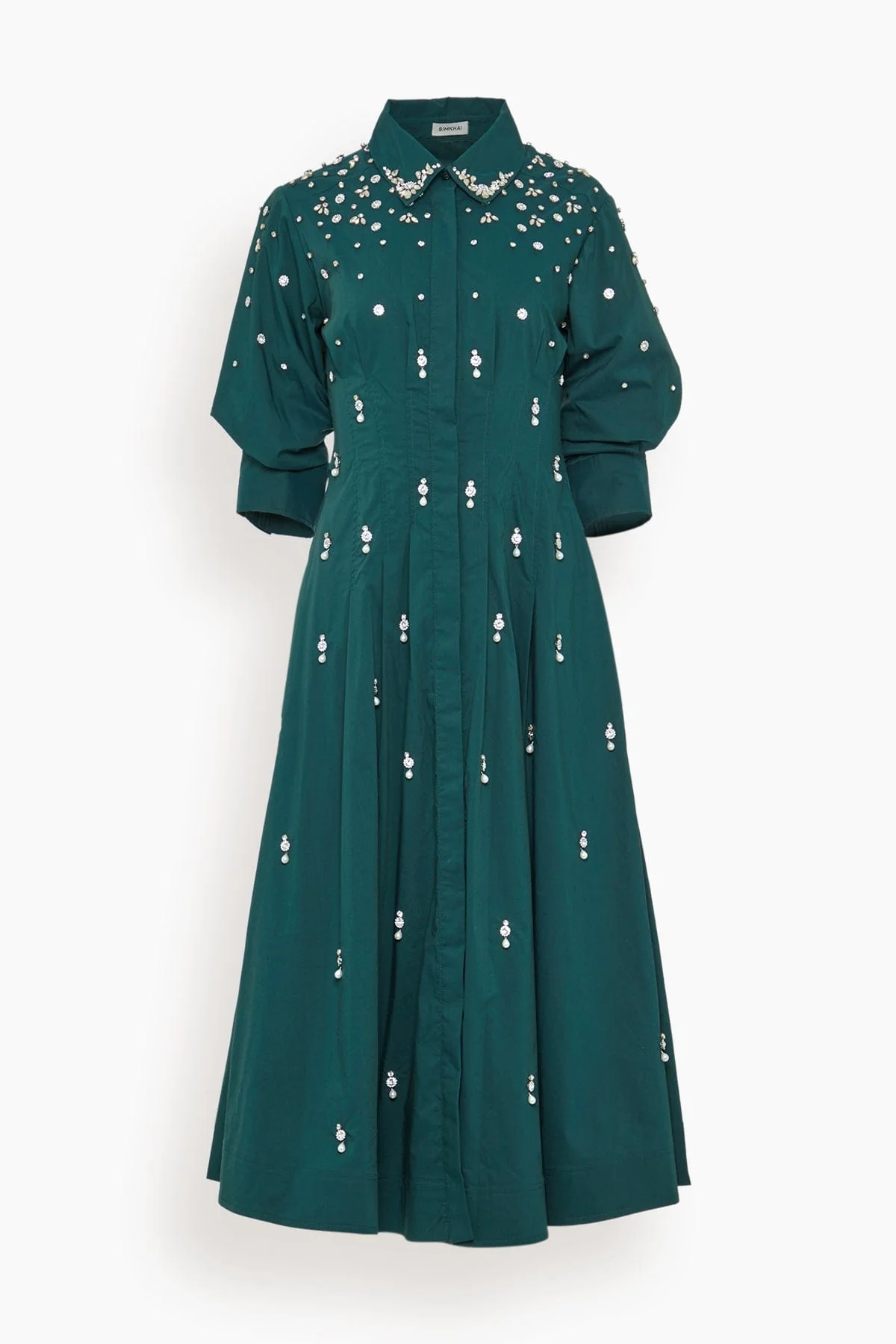 Jazz Embellished Pintuck Midi Dress in Emerald