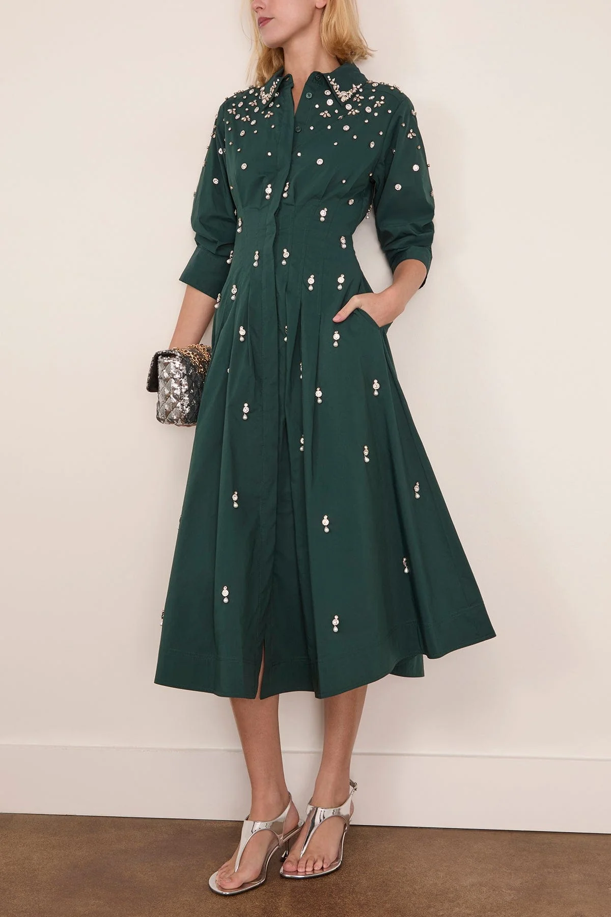 Jazz Embellished Pintuck Midi Dress in Emerald - Image 2