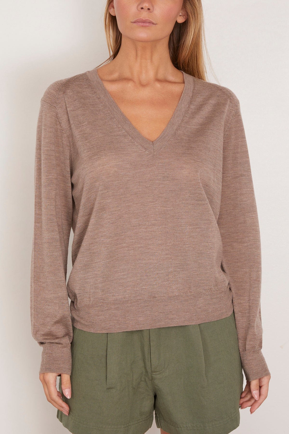 Julio V Neck Fine Knit Sweater in Taupe Melange - Image 3