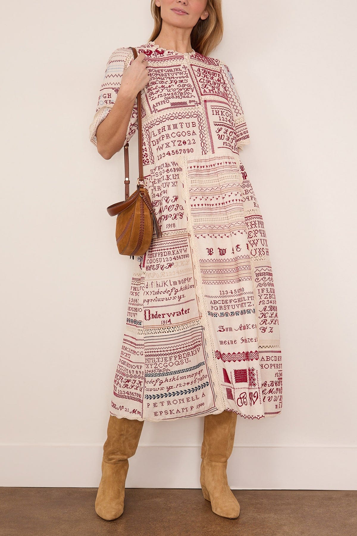Kit Embroidered Short Sleeve Midi Dress in Cream - Image 2