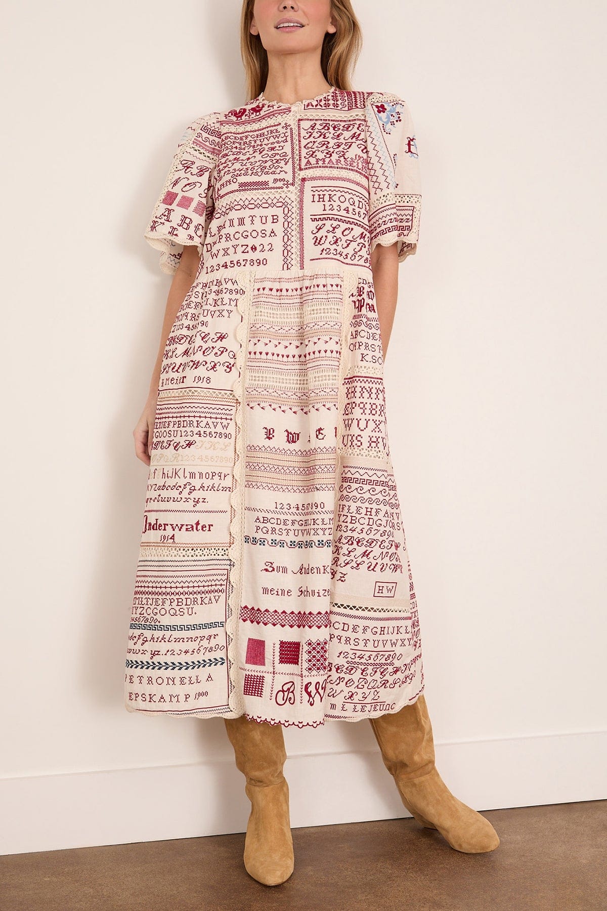 Kit Embroidered Short Sleeve Midi Dress in Cream - Image 3