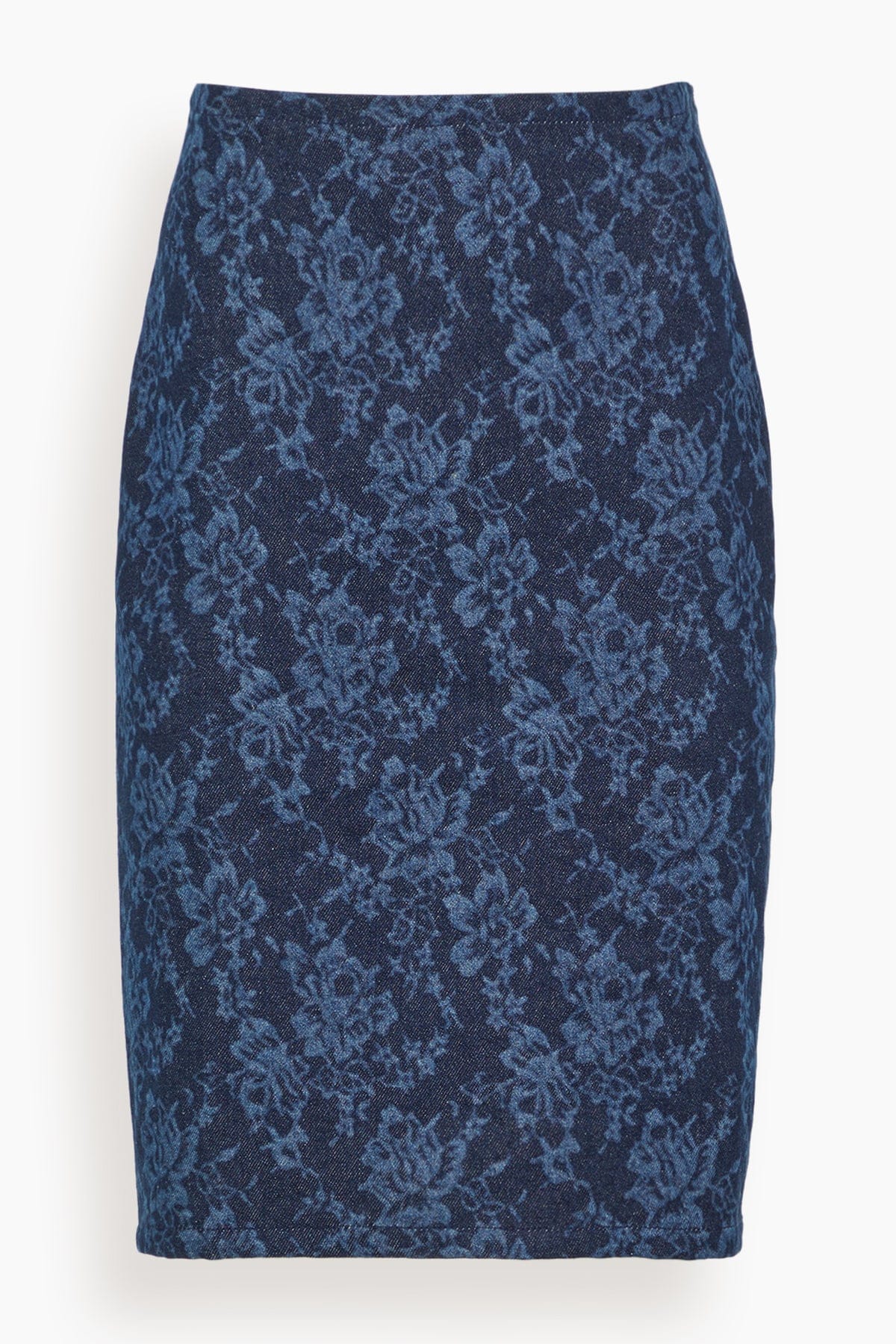 Lace Print Denim Skirt in Washed Dark Blue